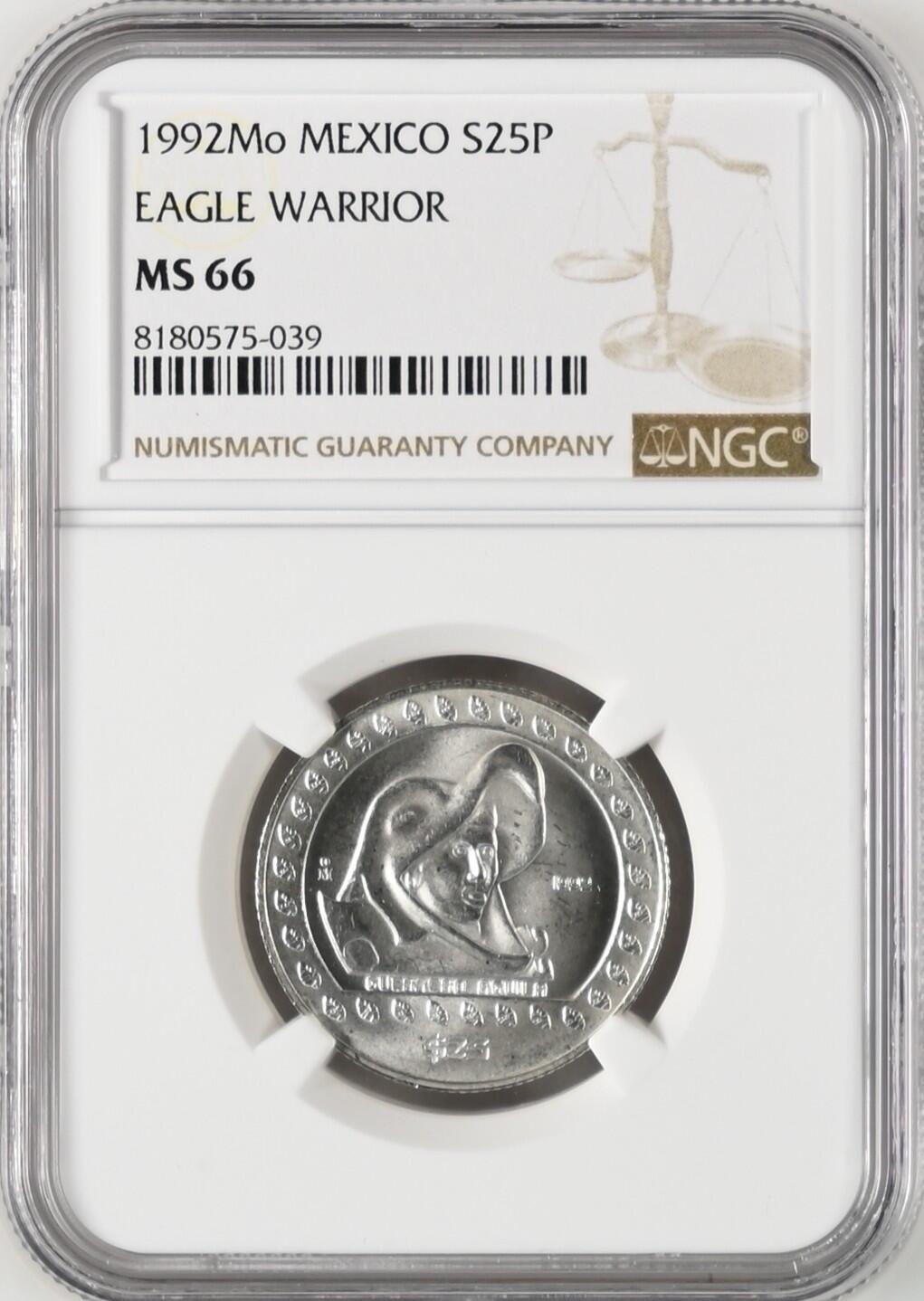 长老汇龙年精选第八场拍卖 1992Mo 墨西哥雄鹰战士25比索银币，NGC MS66，更高33枚，国内少见