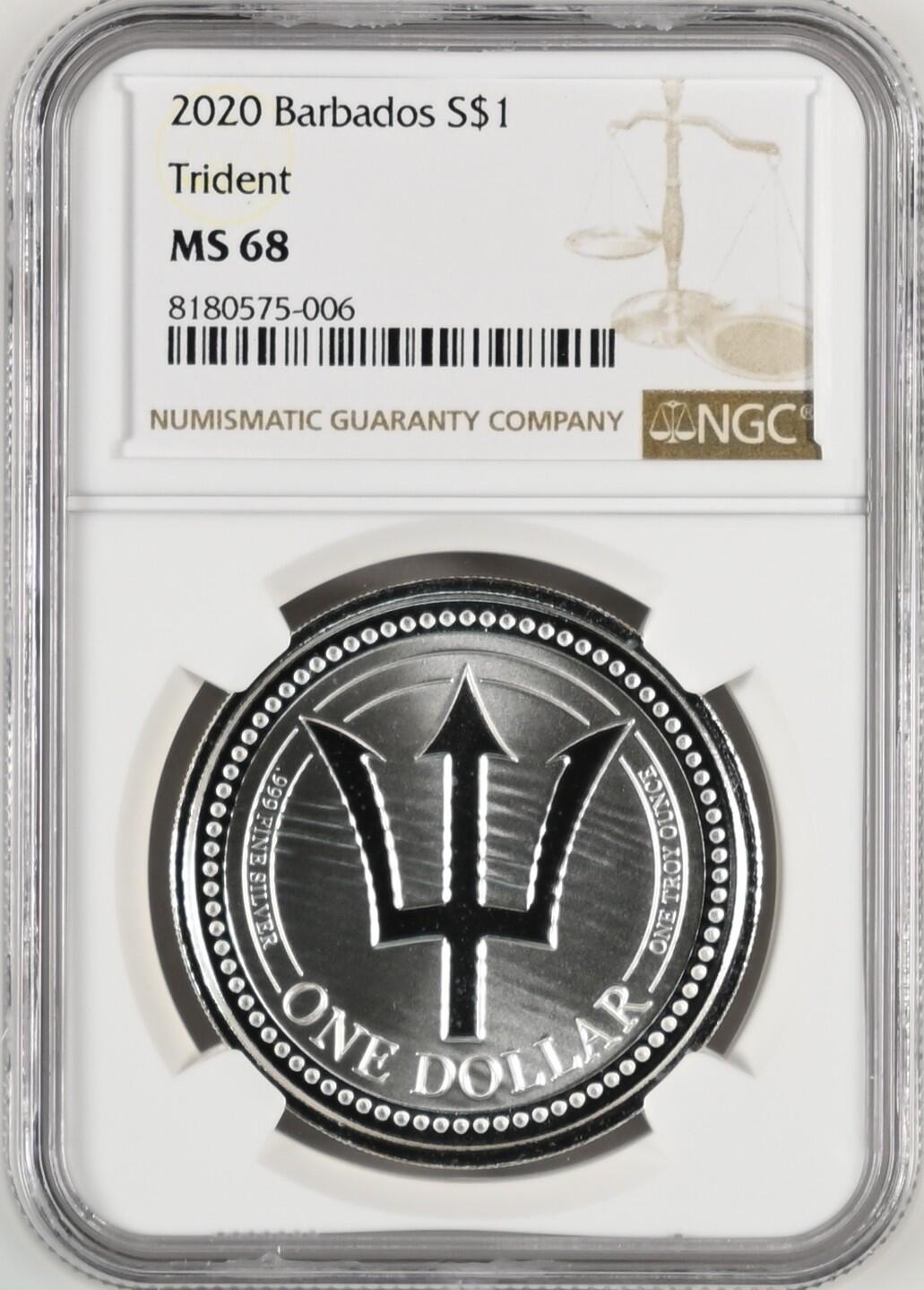 长老汇龙年精选第八场拍卖 2020 巴巴多斯海神三叉戟1元银币，NGC MS68