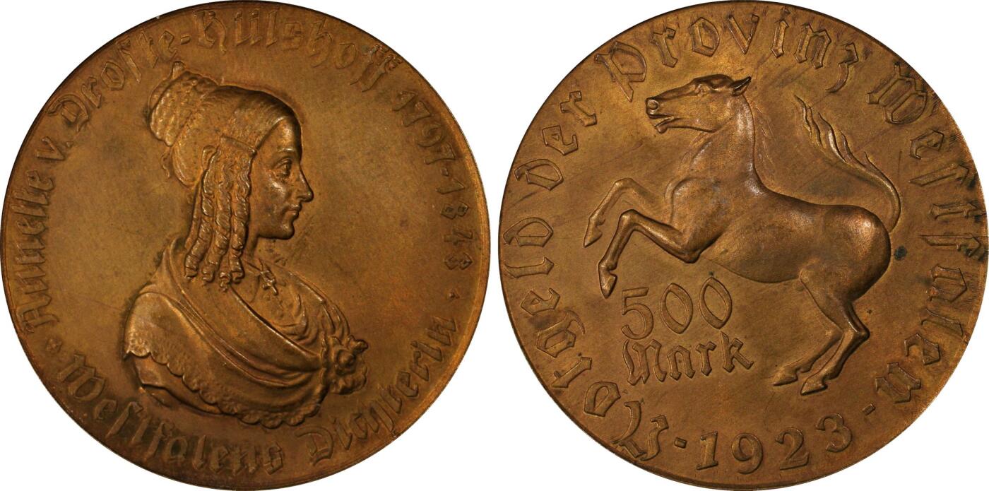 长老汇龙年精选第九场拍卖 1923 德国威斯特法兰德紧马币女诗人500马克，PCGS MS63，季军分，更高7枚 