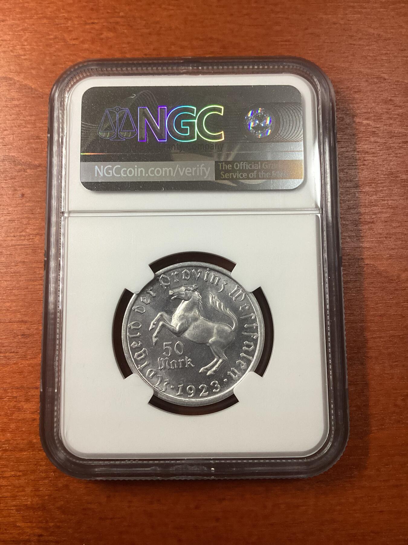 长老汇龙年精选第九场拍卖 1923德国威斯特法兰德紧马币女诗人50马克，NGC MS62