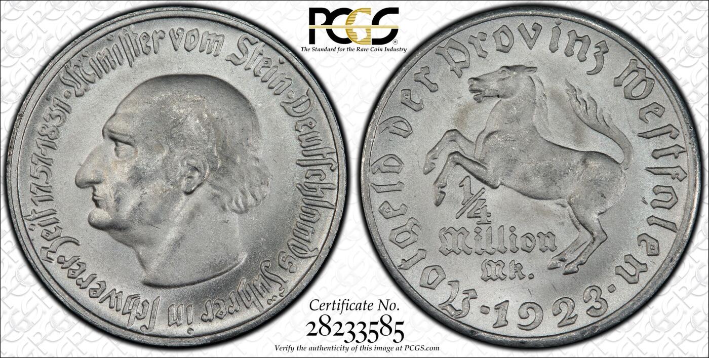长老汇龙年精选第九场拍卖 1923 德国威斯特法兰德紧斯坦伯爵马币25万马克3行，PCGS MS64+，季军分，更高6枚