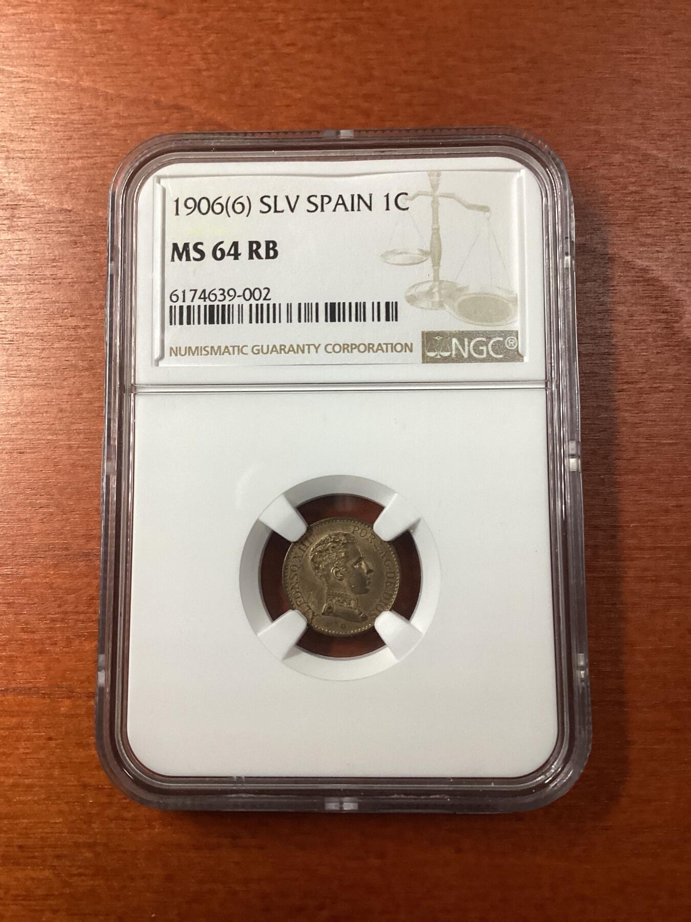 长老汇龙年精选第九场拍卖 1906(6) SLV 西班牙阿方索十三世1分铜币，NGC MS64RB