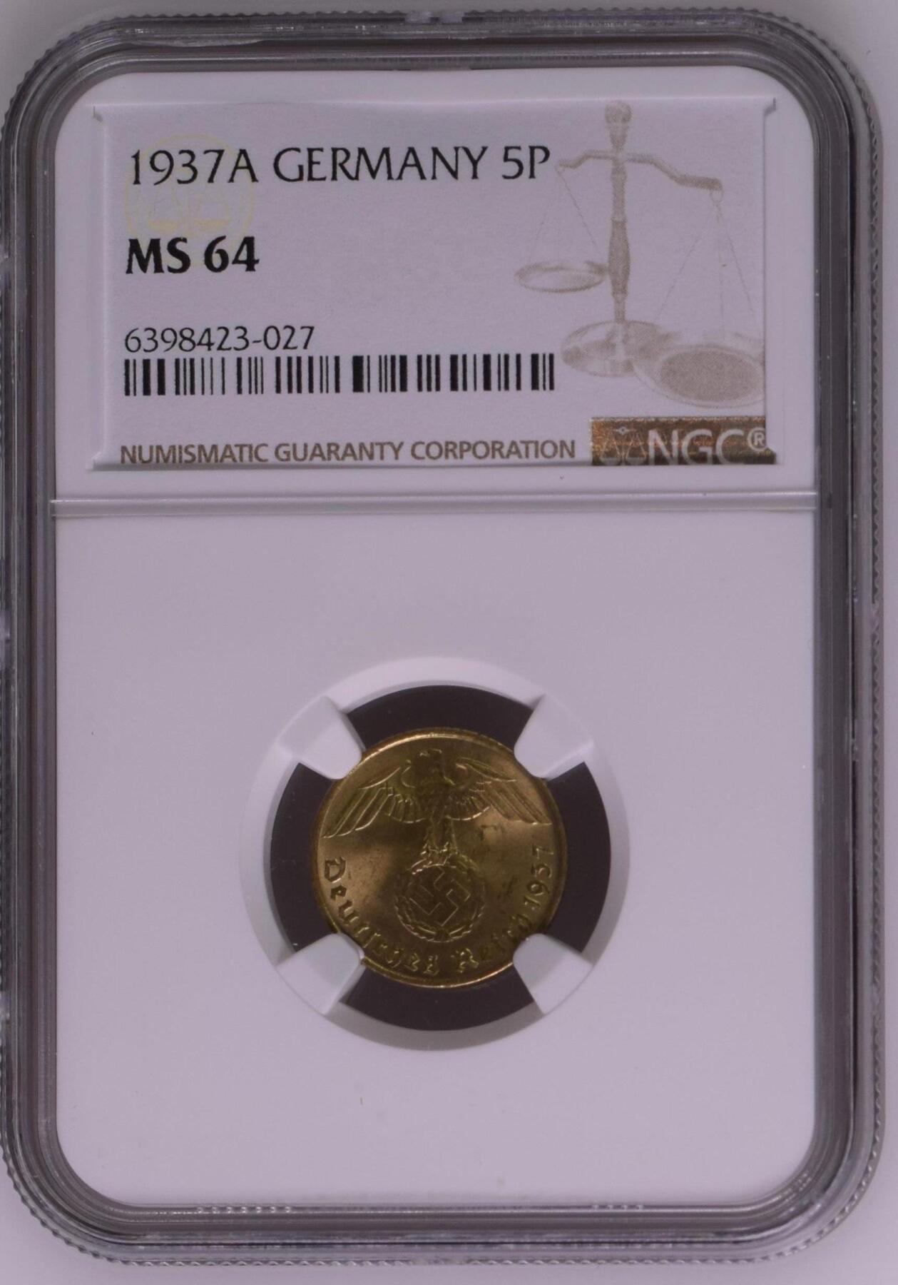 长老汇龙年精选第九场拍卖 1937A德国第三帝国5芬尼黄铜币，NGC MS64，更高18枚  