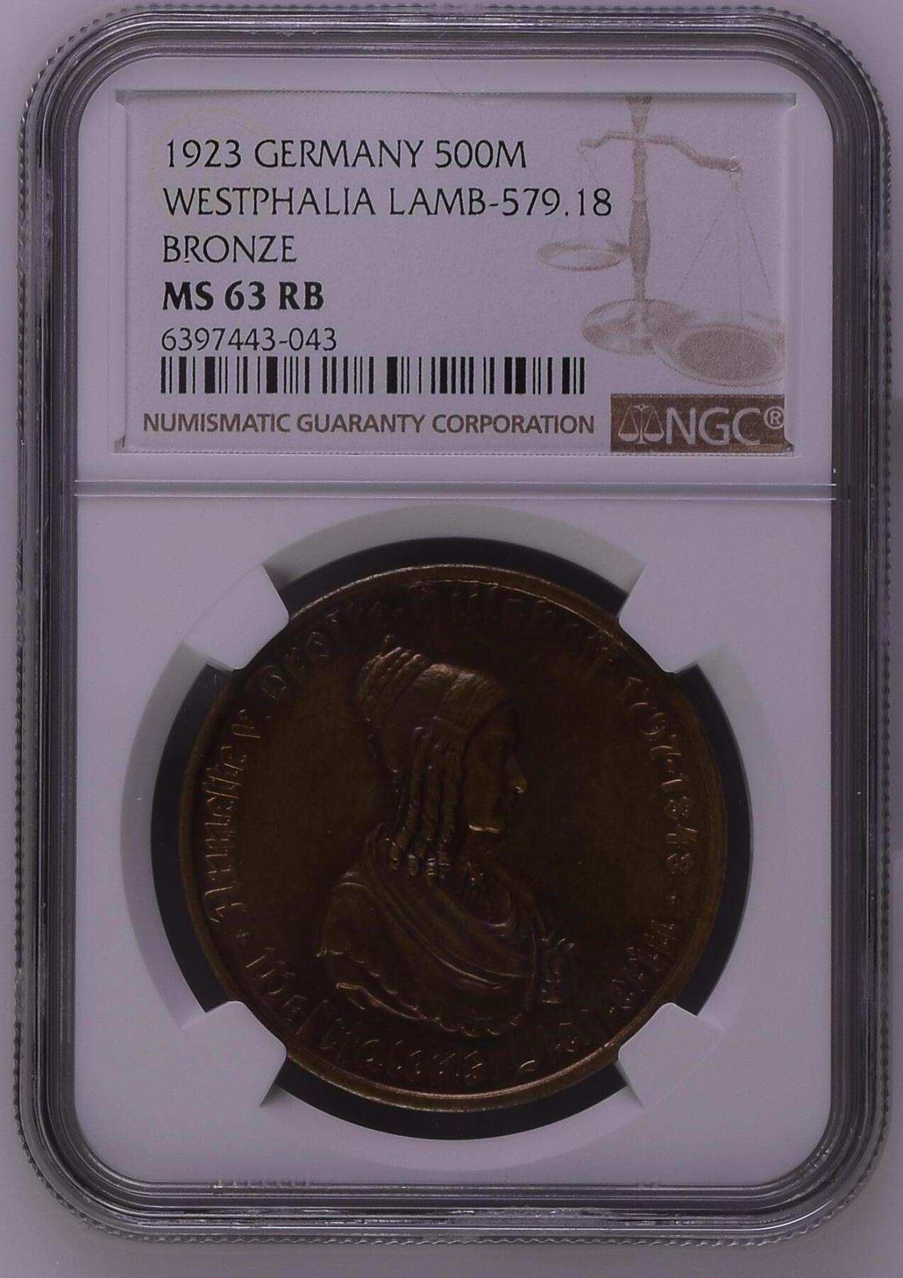 长老汇龙年精选第九场拍卖 1923德国威斯特法兰德紧马币女诗人 500马克，NGC MS63RB