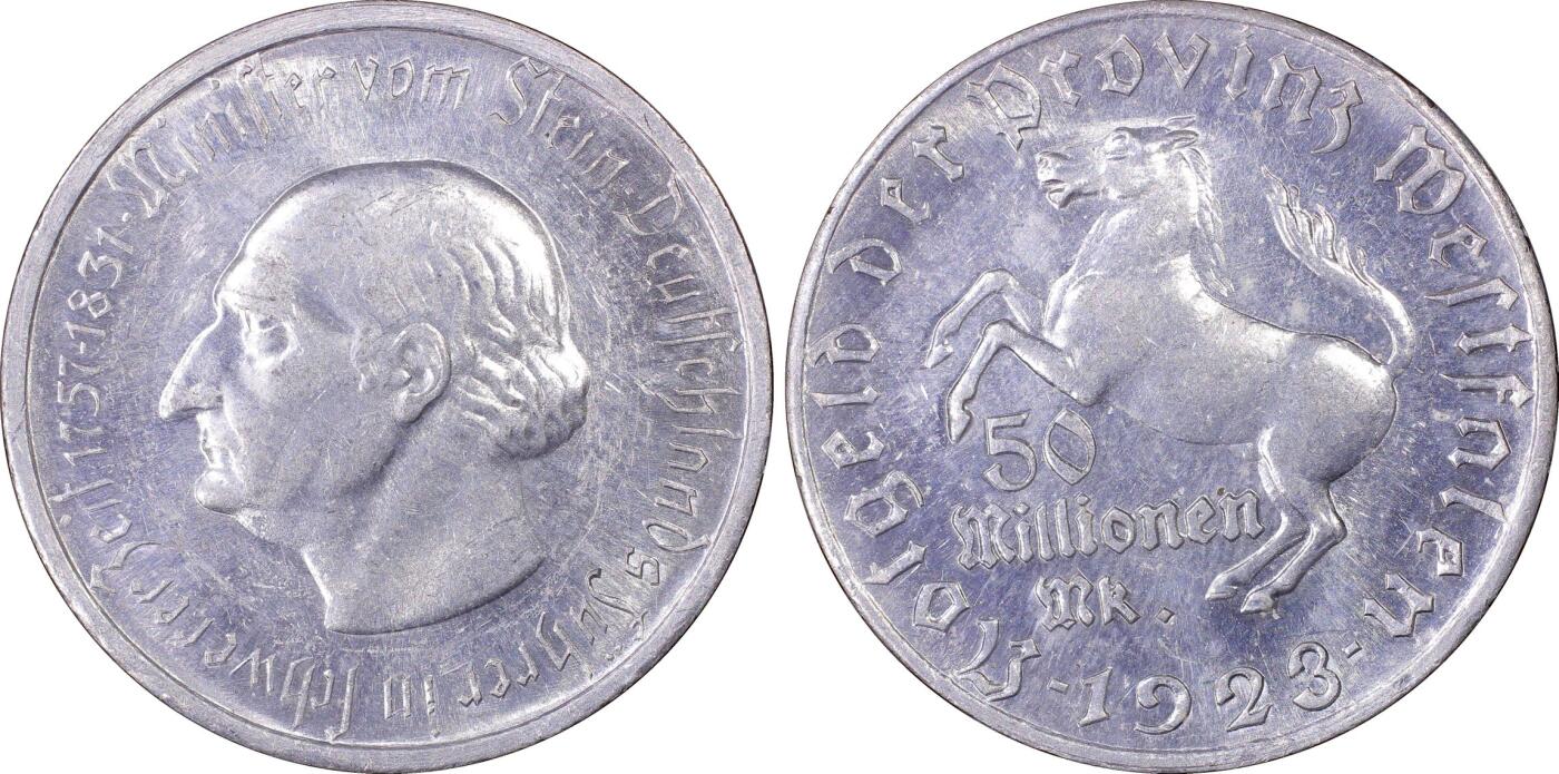 长老汇龙年精选第九场拍卖 1923 德国威斯特法兰德紧斯坦伯爵马币5千万马克3行，PCGS MS62，更高33枚