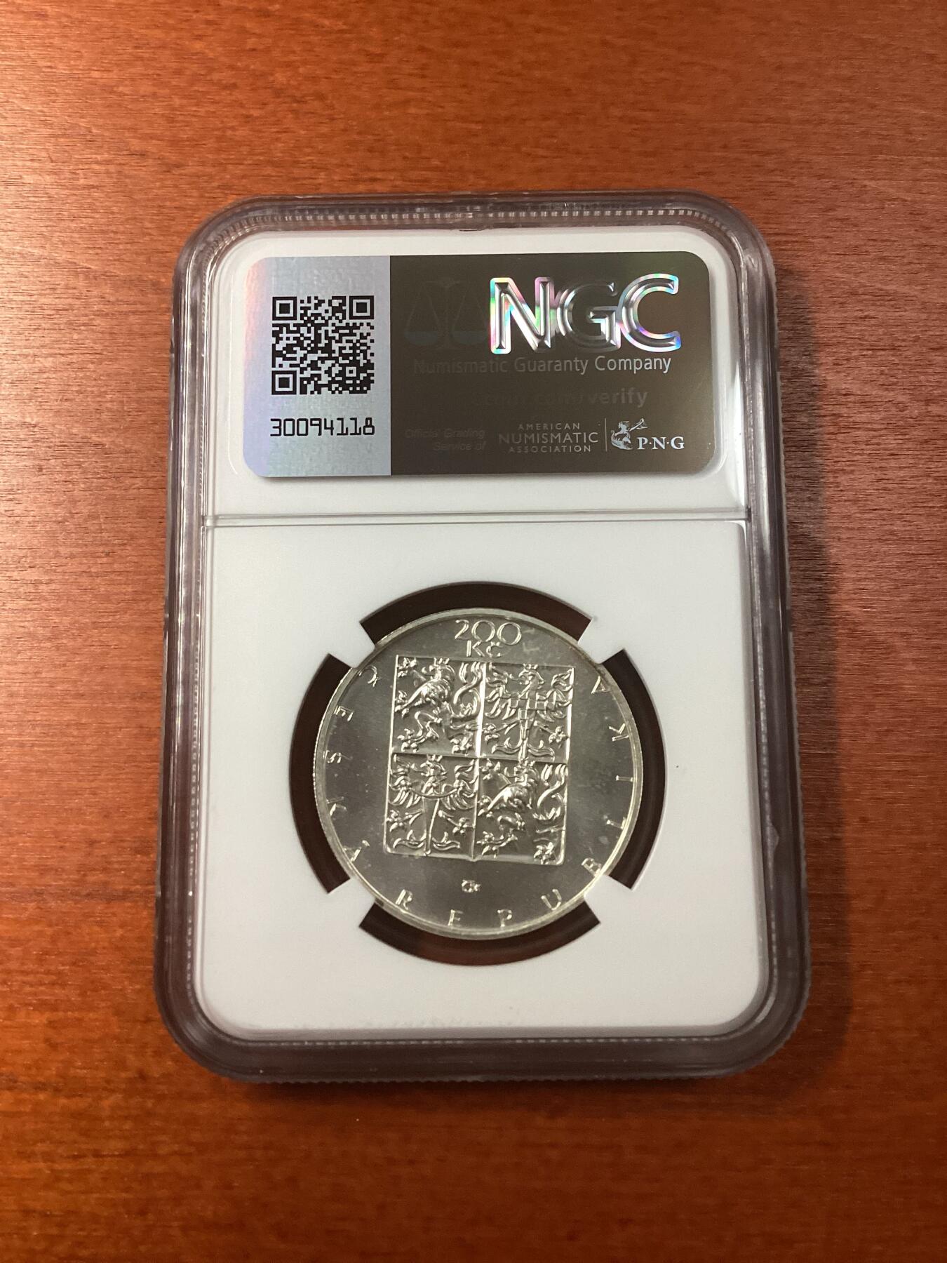 长老汇龙年精选第九场拍卖 1998 捷克 帕拉茨基200克朗银币，NGC MS67，唯一冠军分，3700多枚被熔毁