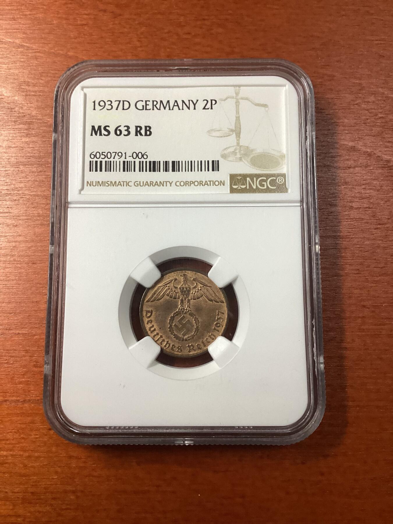 长老汇龙年精选第九场拍卖 1937D 德国第三帝国2芬尼铜币，NGC MS63RB，季军分，更高6枚 