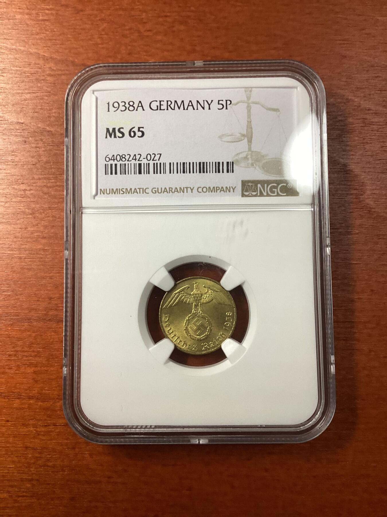 长老汇龙年精选第九场拍卖 1938A 1德国第三帝国5芬尼黄铜币，NGC MS65，亚军分，更高3枚