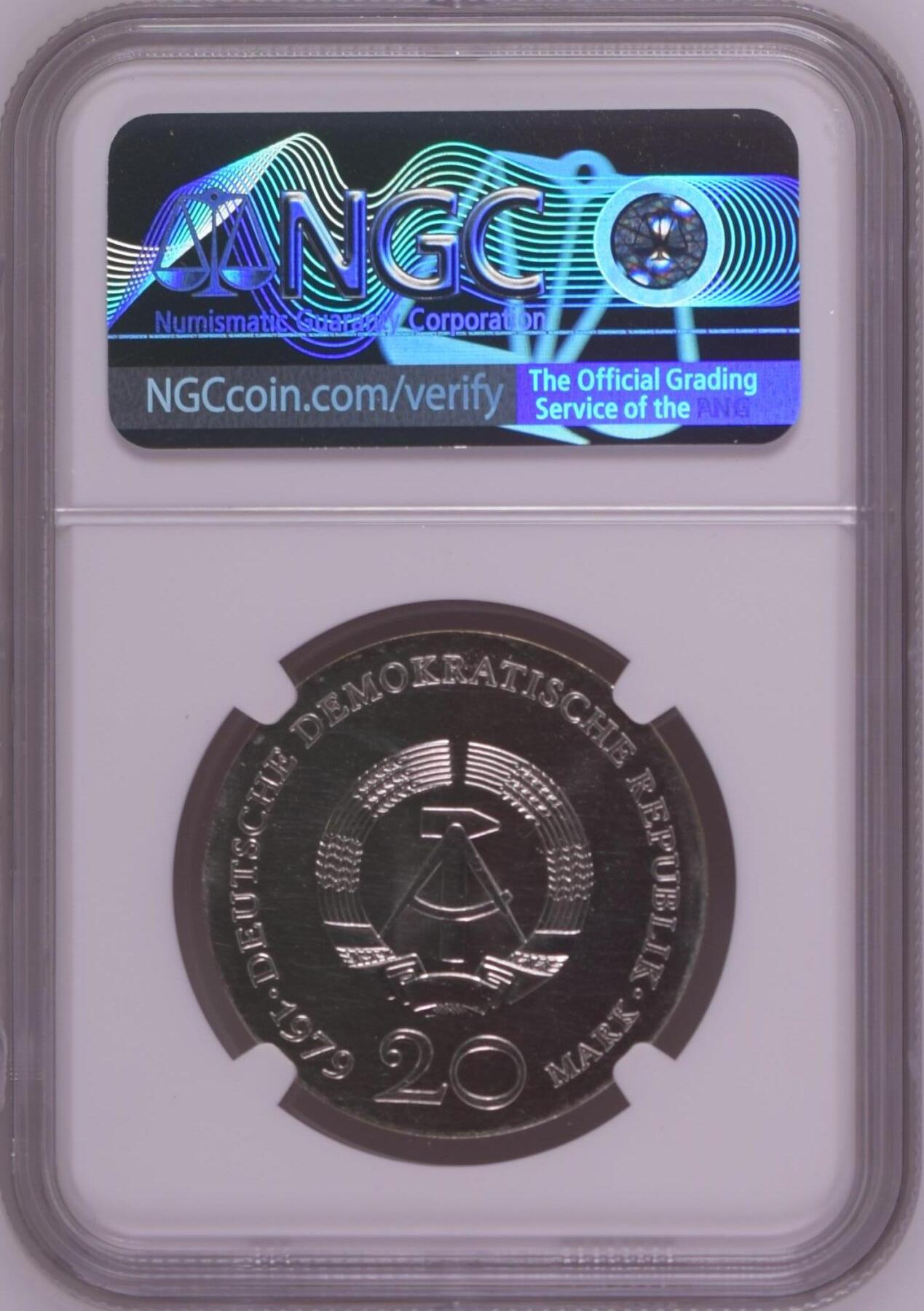 长老汇龙年精选第八场拍卖 1979 东德莱辛20马克银币，NGC MS65，更高12枚，NGC官网63分160美金