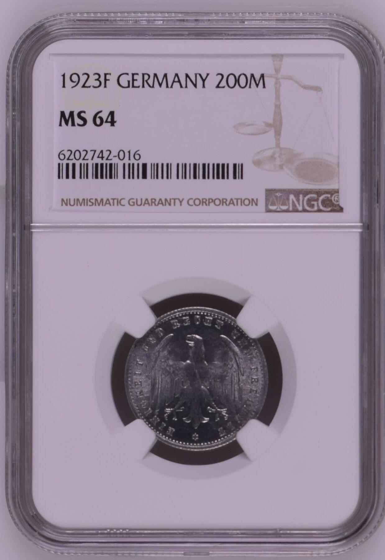 长老汇龙年精选第九场拍卖 1923F 德国魏玛共和国 200马克铝币，NGC MS64，更高13枚