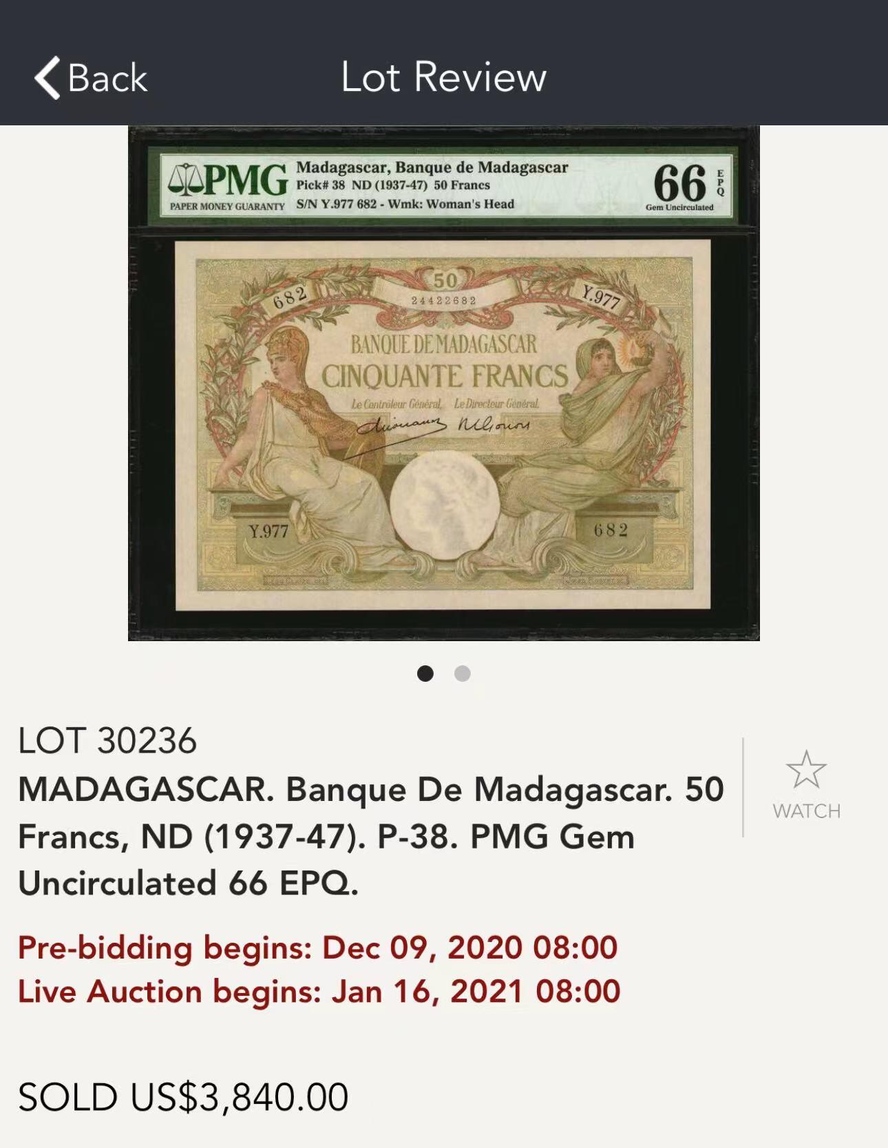 【Blue Auction】✨世界纸币精拍第503期【精】   【无47 亚军分】马达加斯加 1937-47年50法郎 罗马神话中的智慧、战争、月亮女神Minerva被孩童围绕 悦目生动 这种设计仅见该张纸币 PMG66EPQ 顶级品相 法属玩家不可错过