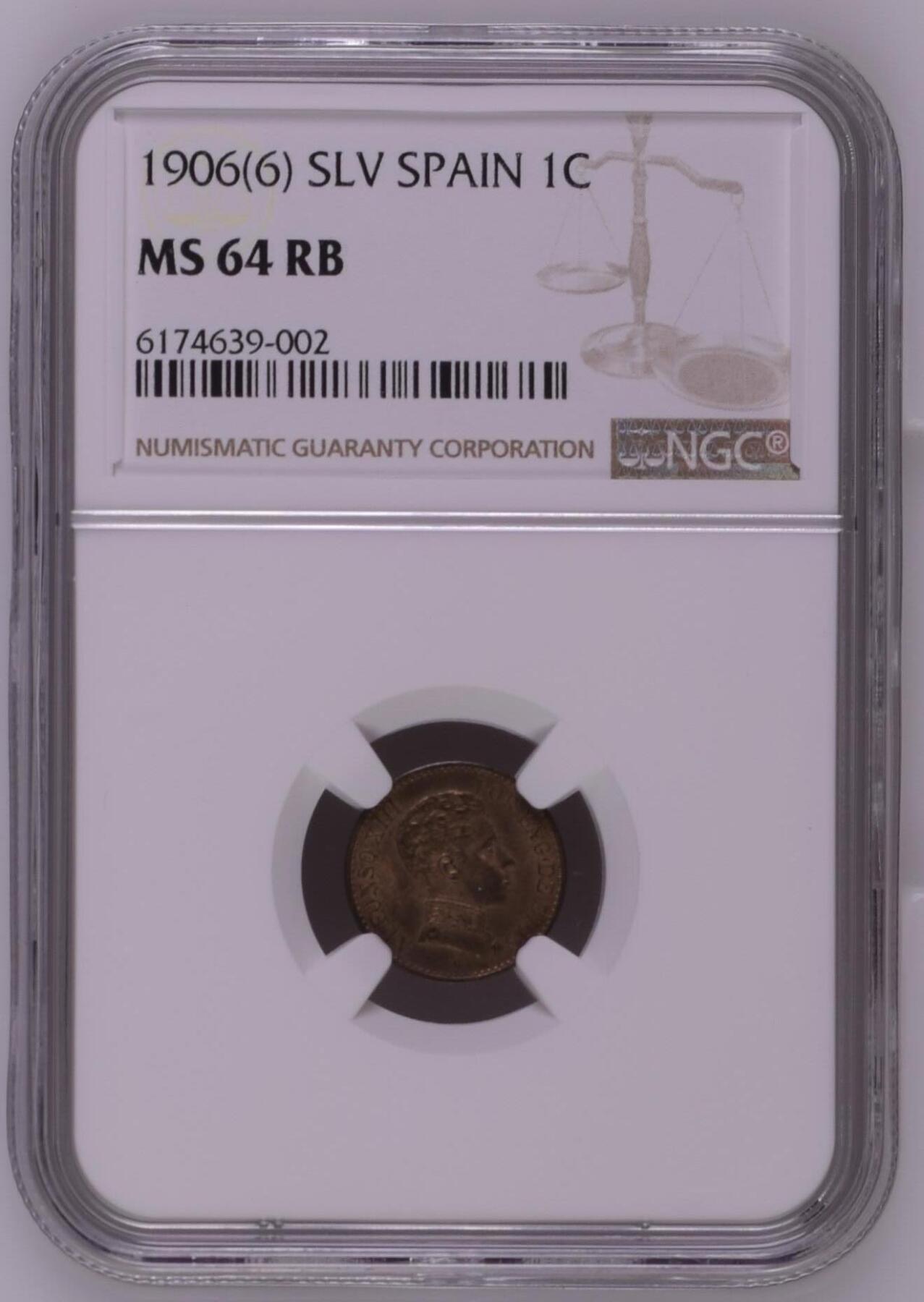 长老汇龙年精选第九场拍卖 1906(6) SLV 西班牙阿方索十三世1分铜币，NGC MS64RB