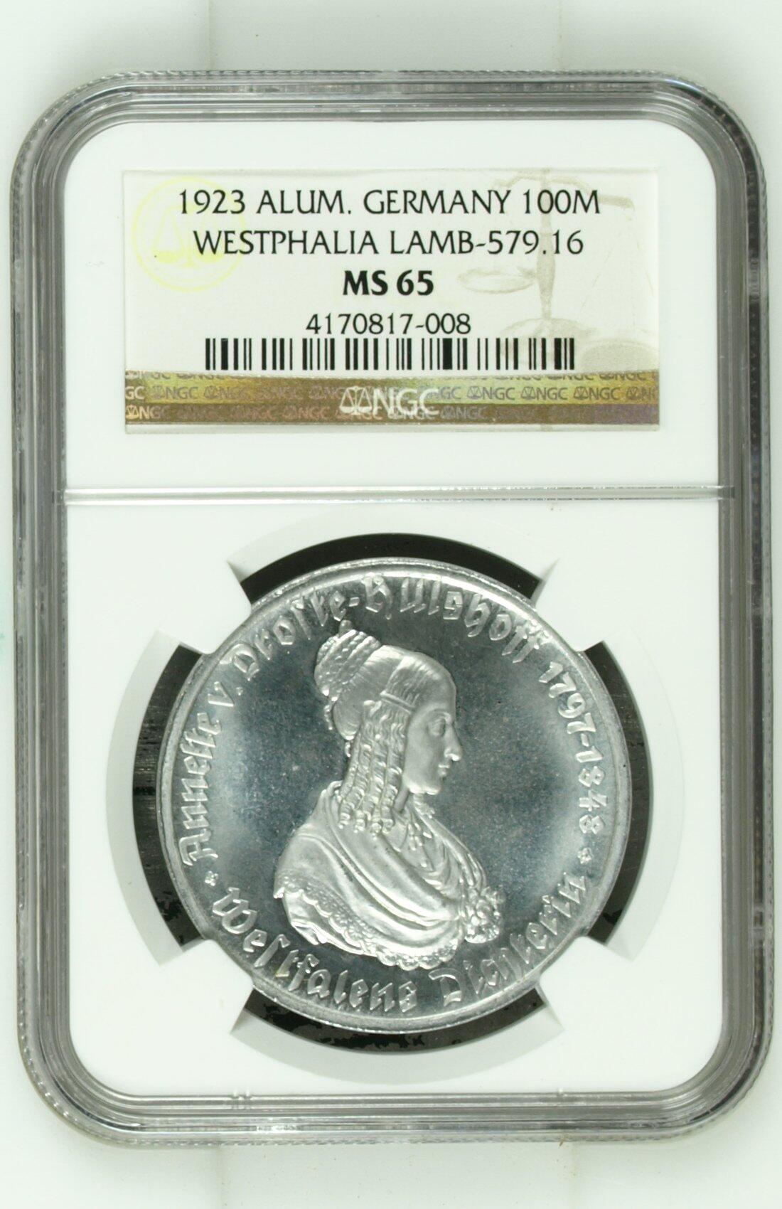 长老汇龙年精选第九场拍卖 1923 德国威斯特法兰德紧马币女诗人100马克，NGC MS65，亚军分，更高4枚，老盒 