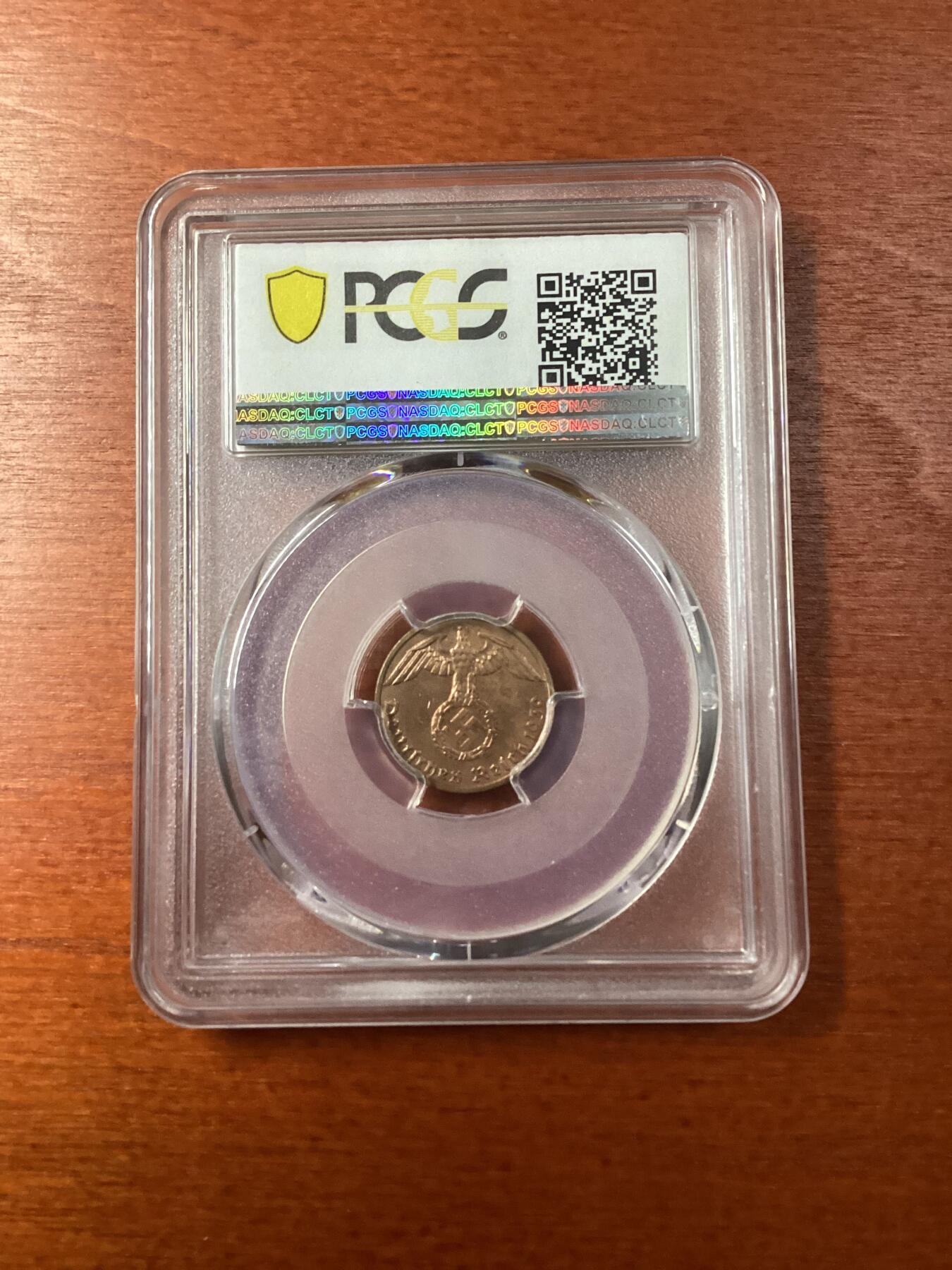 长老汇龙年精选第九场拍卖 1939-A 德国第三帝国1芬尼铜币，PCGS MS64RD