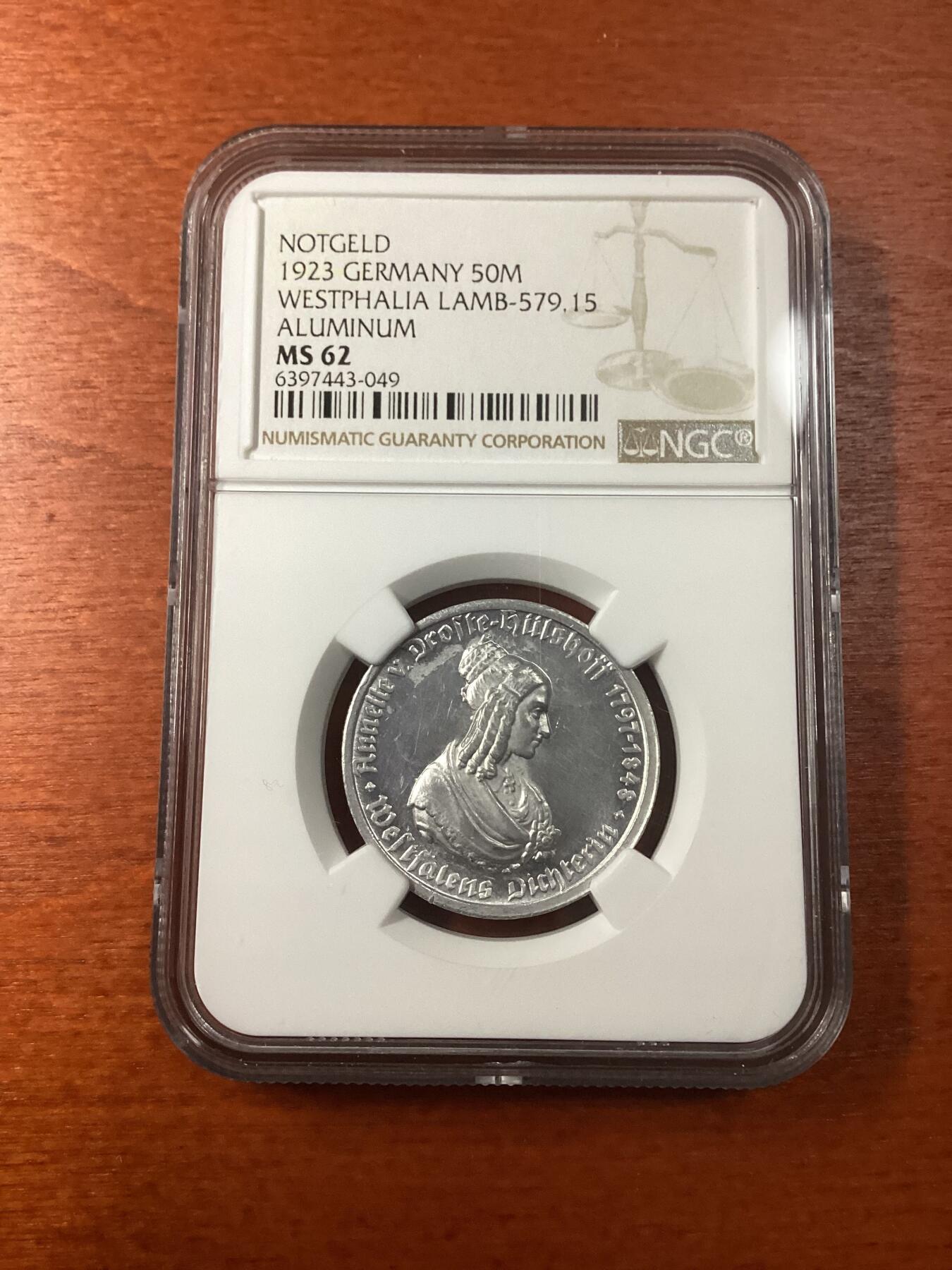 长老汇龙年精选第九场拍卖 1923德国威斯特法兰德紧马币女诗人50马克，NGC MS62