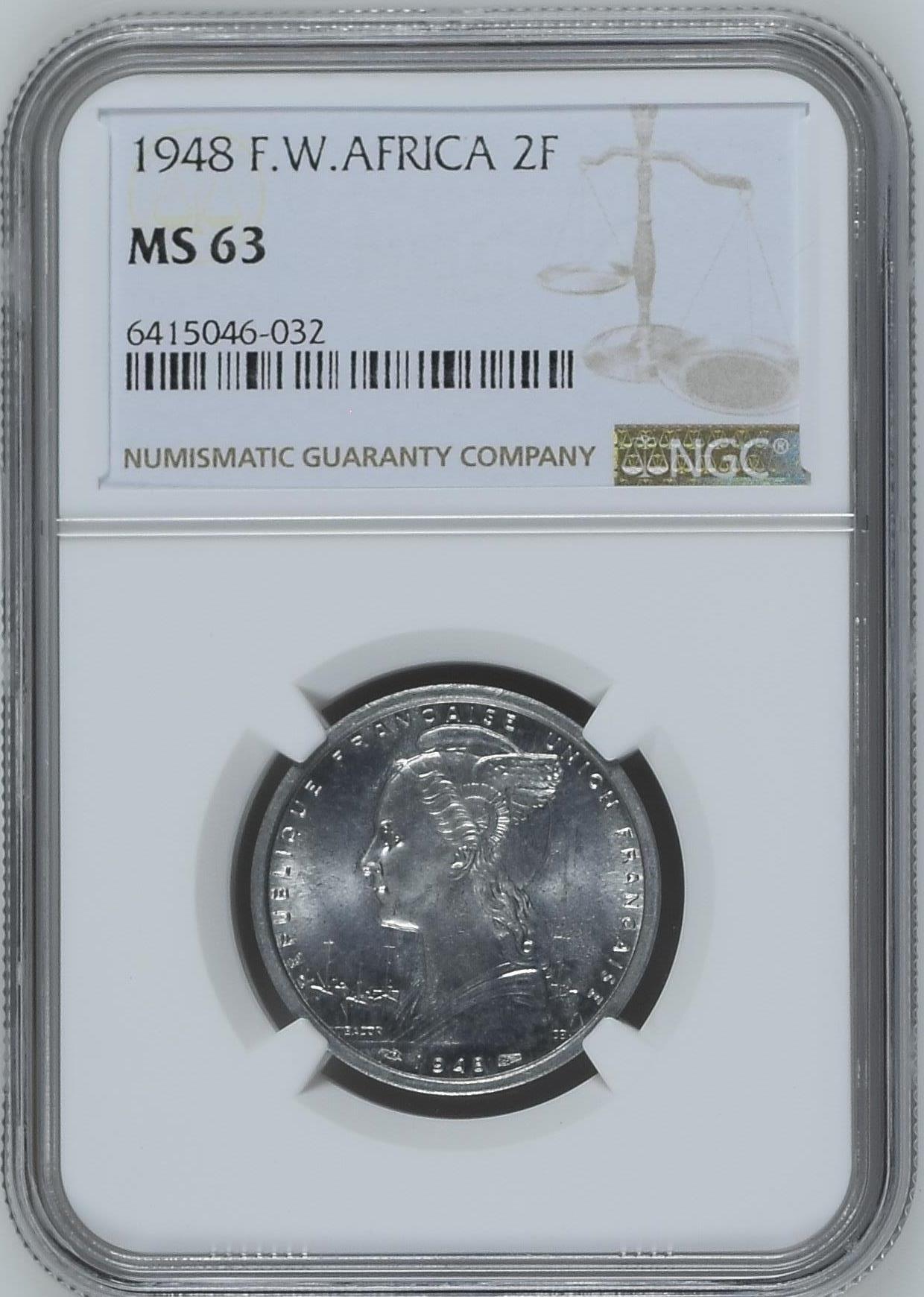 长老汇龙年精选第八场拍卖 1948 法属西非2法郎铝币，NGC MS63，更高6枚