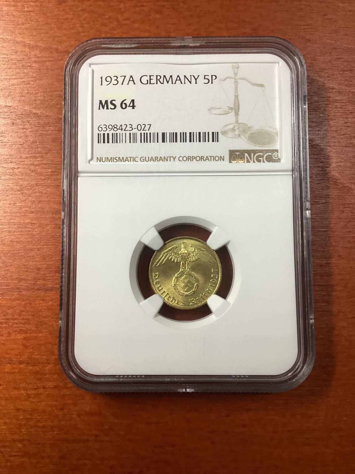长老汇龙年精选第九场拍卖 1937A德国第三帝国5芬尼黄铜币，NGC MS64，更高18枚  