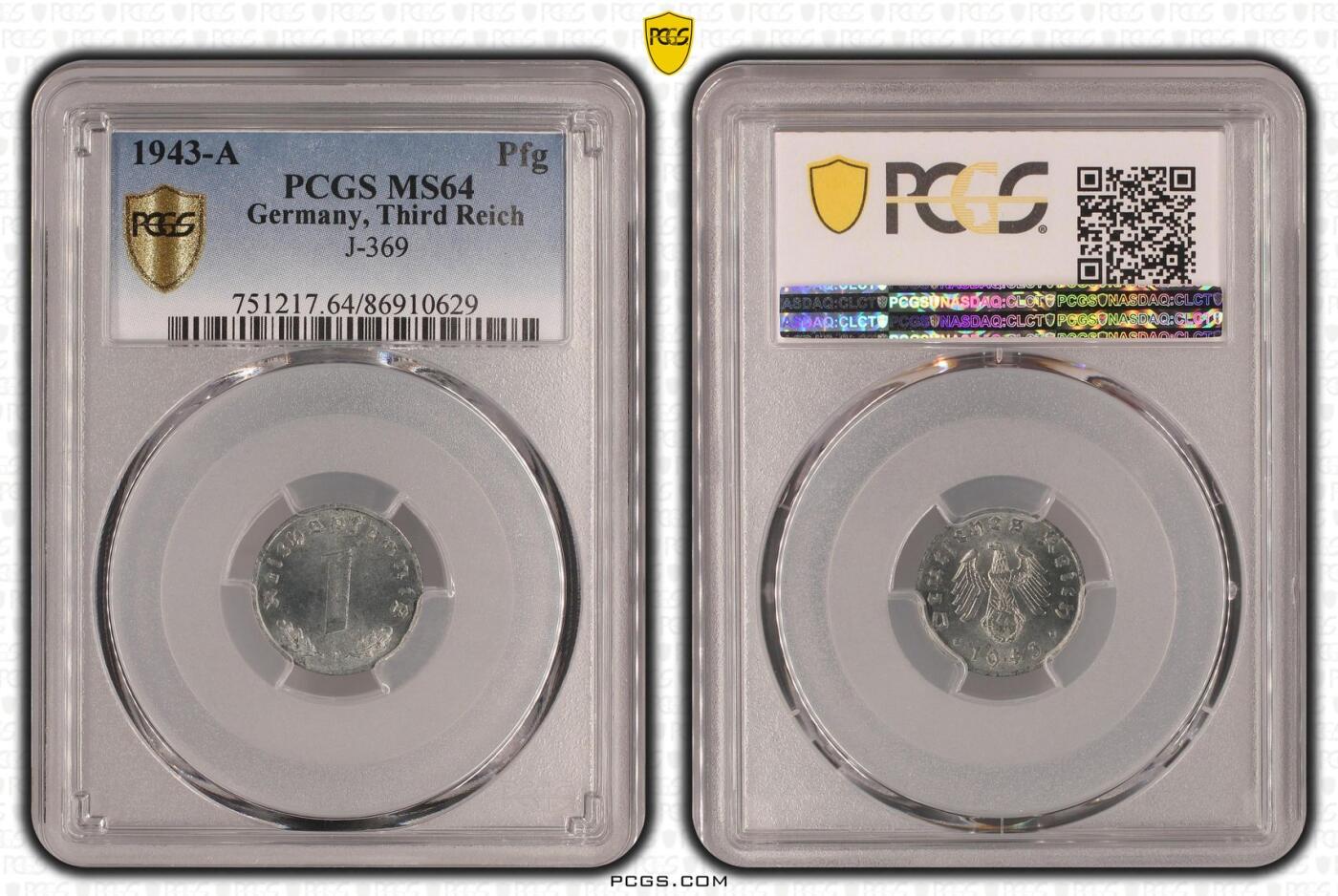 长老汇龙年精选第九场拍卖 1943-A德国第三帝国1芬尼锌币，PCGS MS64，更高1枚