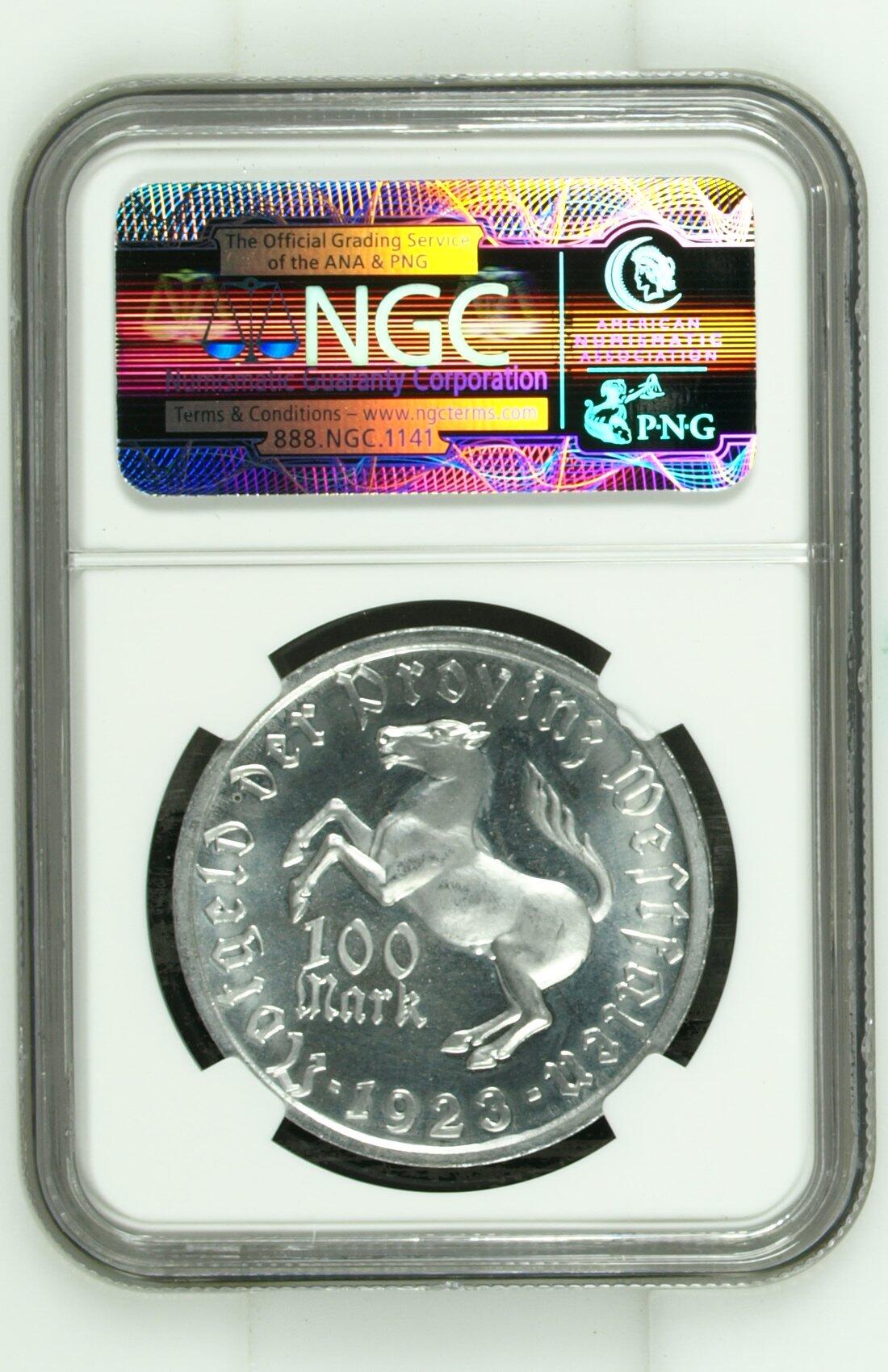 长老汇龙年精选第九场拍卖 1923 德国威斯特法兰德紧马币女诗人100马克，NGC MS65，亚军分，更高4枚，老盒 