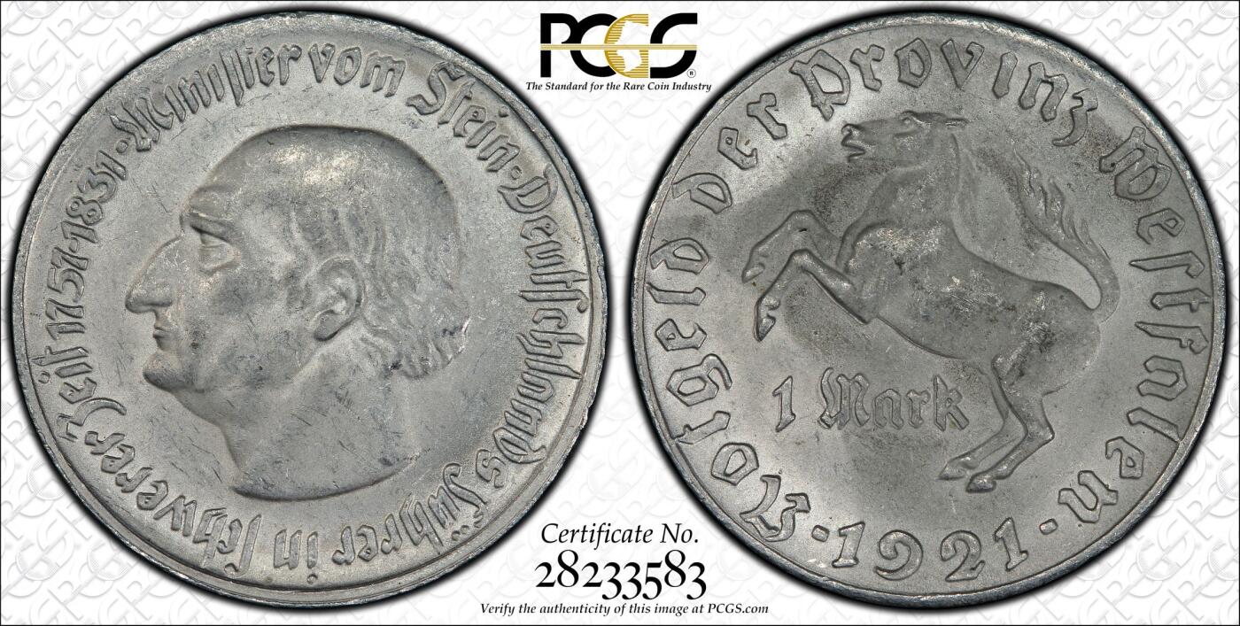 长老汇龙年精选第九场拍卖 1921德国威斯特法兰德紧斯坦伯爵马币1马克，PCGS MS63，季军分，更高12枚，eBay2020年62分成交价2800多元