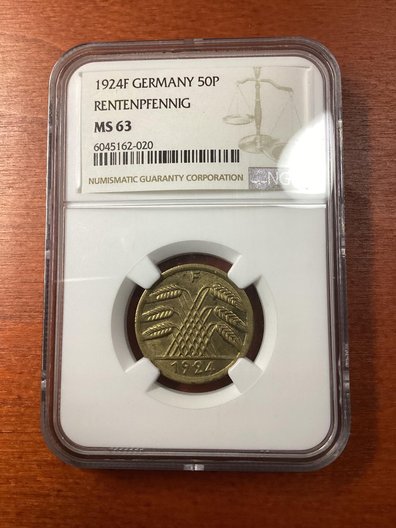 长老汇龙年精选第九场拍卖 1924F 德国魏玛共和国帝国地租50芬尼，NGC MS63，季军分，更高分2枚