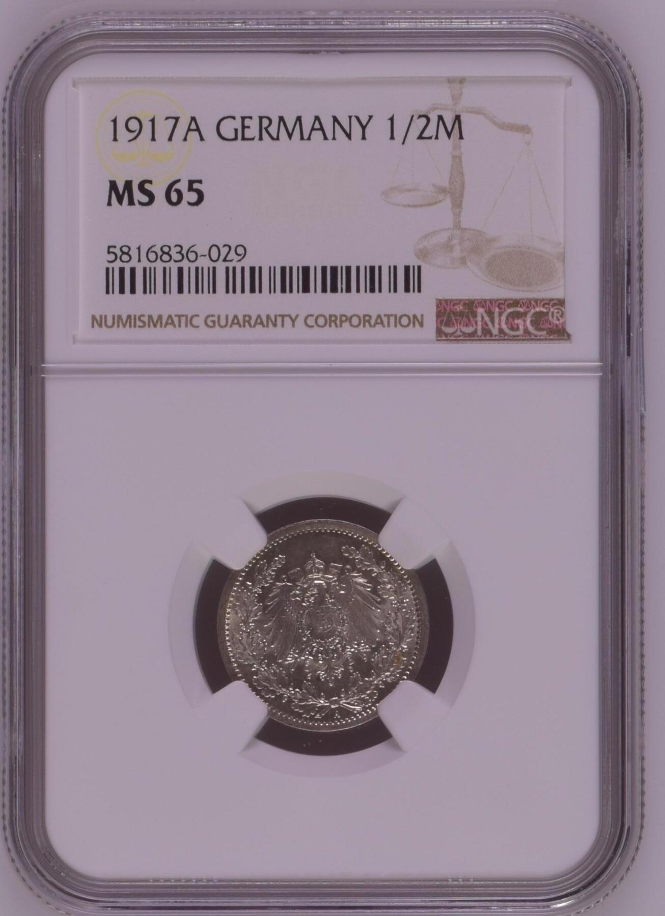 长老汇龙年精选第九场拍卖 1917A 德国第二帝国 1/2马克银币，NGC MS65