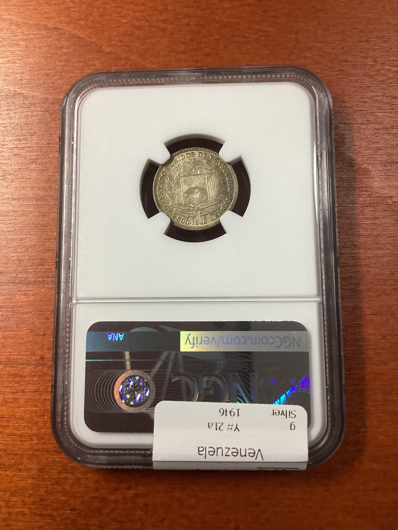 长老汇龙年精选第九场拍卖 1946 委内瑞拉1/2玻利瓦尔银币，NGC MS65