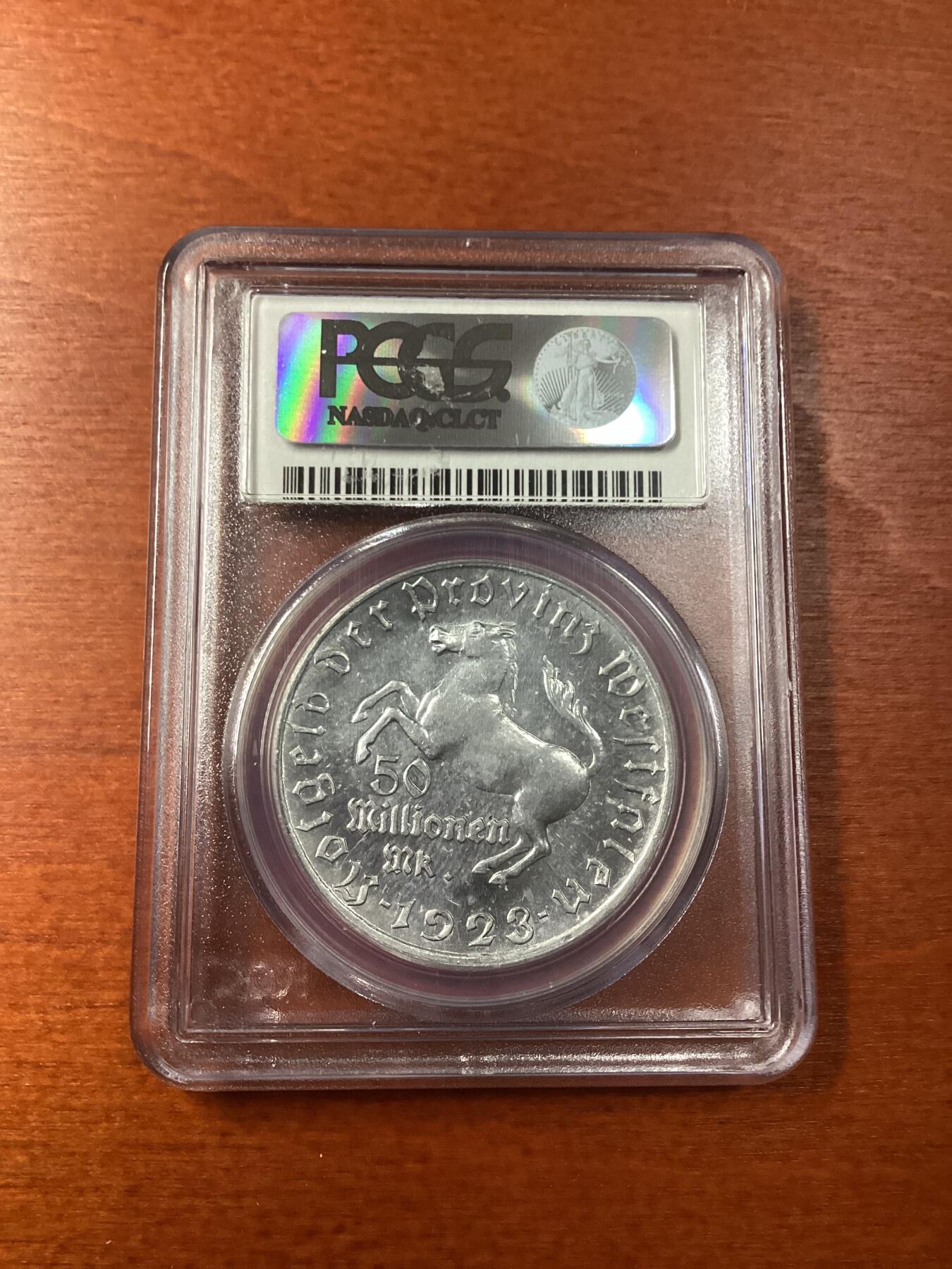 长老汇龙年精选第九场拍卖 1923 德国威斯特法兰德紧斯坦伯爵马币5千万马克3行，PCGS MS62，更高33枚