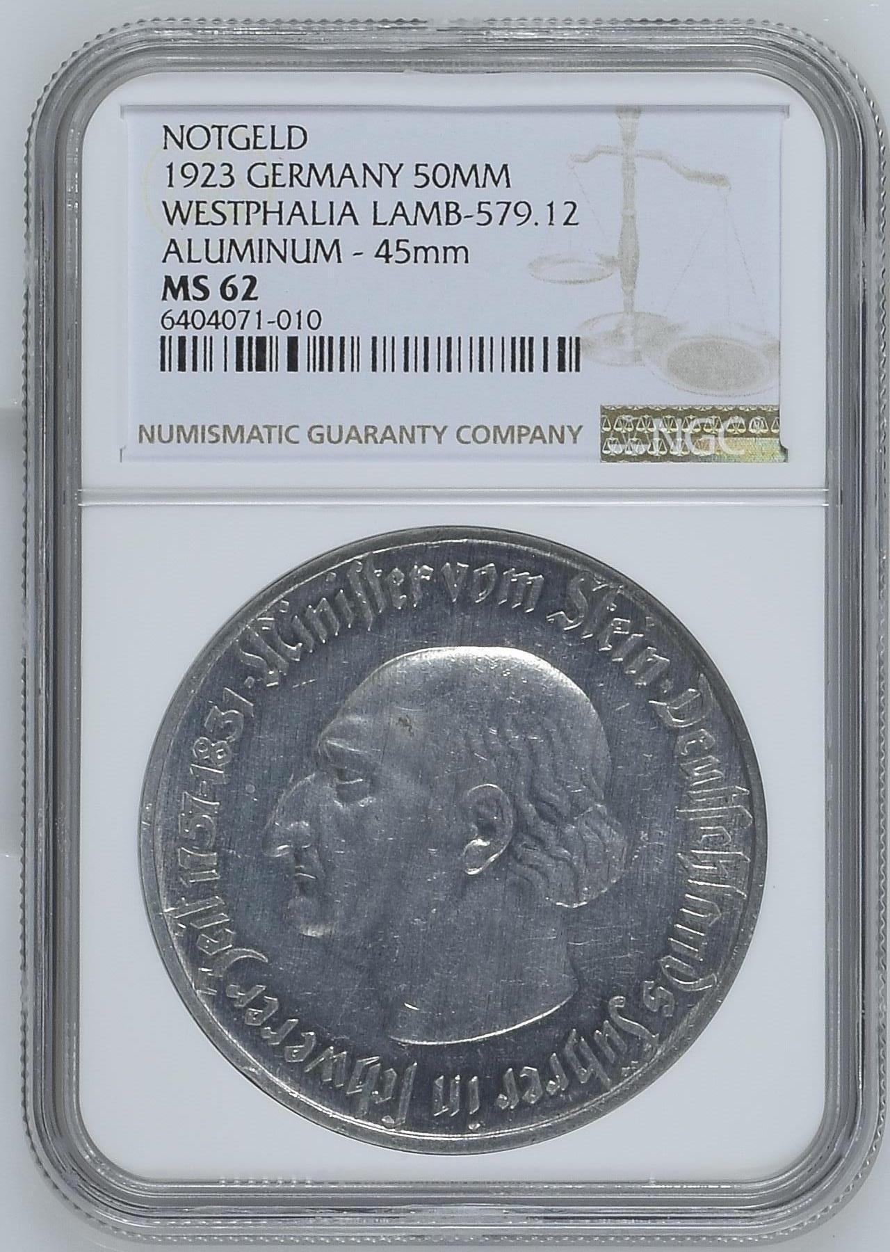 长老汇龙年精选第九场拍卖 1923 德国威斯特法兰德紧斯坦伯爵马币5千万马克3行，NGC MS62