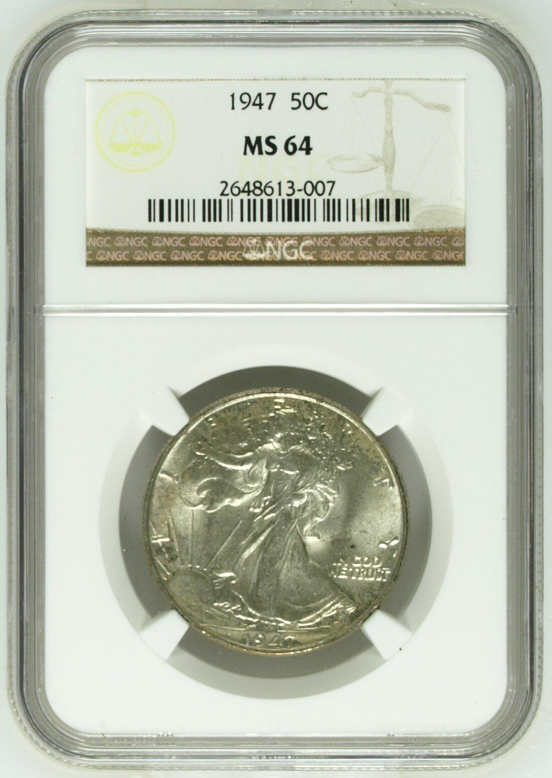 长老汇龙年精选第八场拍卖 1947美国早期行走女神半圆银币，NGC MS64，老盒低评，官网90美金