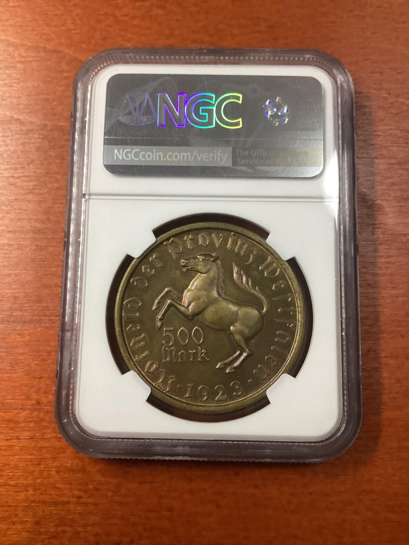 长老汇龙年精选第九场拍卖 1923德国威斯特法兰德紧马币女诗人 500马克，NGC MS63RB