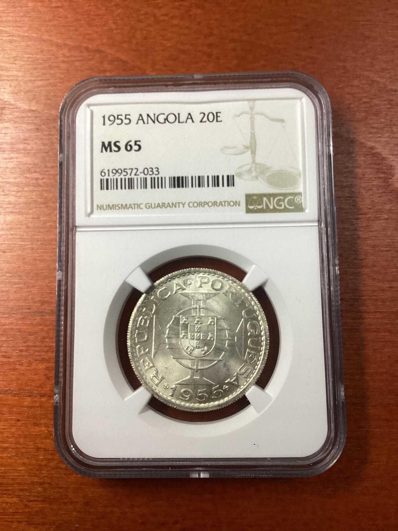 长老汇龙年精选第九场拍卖 1955 葡属安哥拉20埃斯库多斯银币，NGC MS65