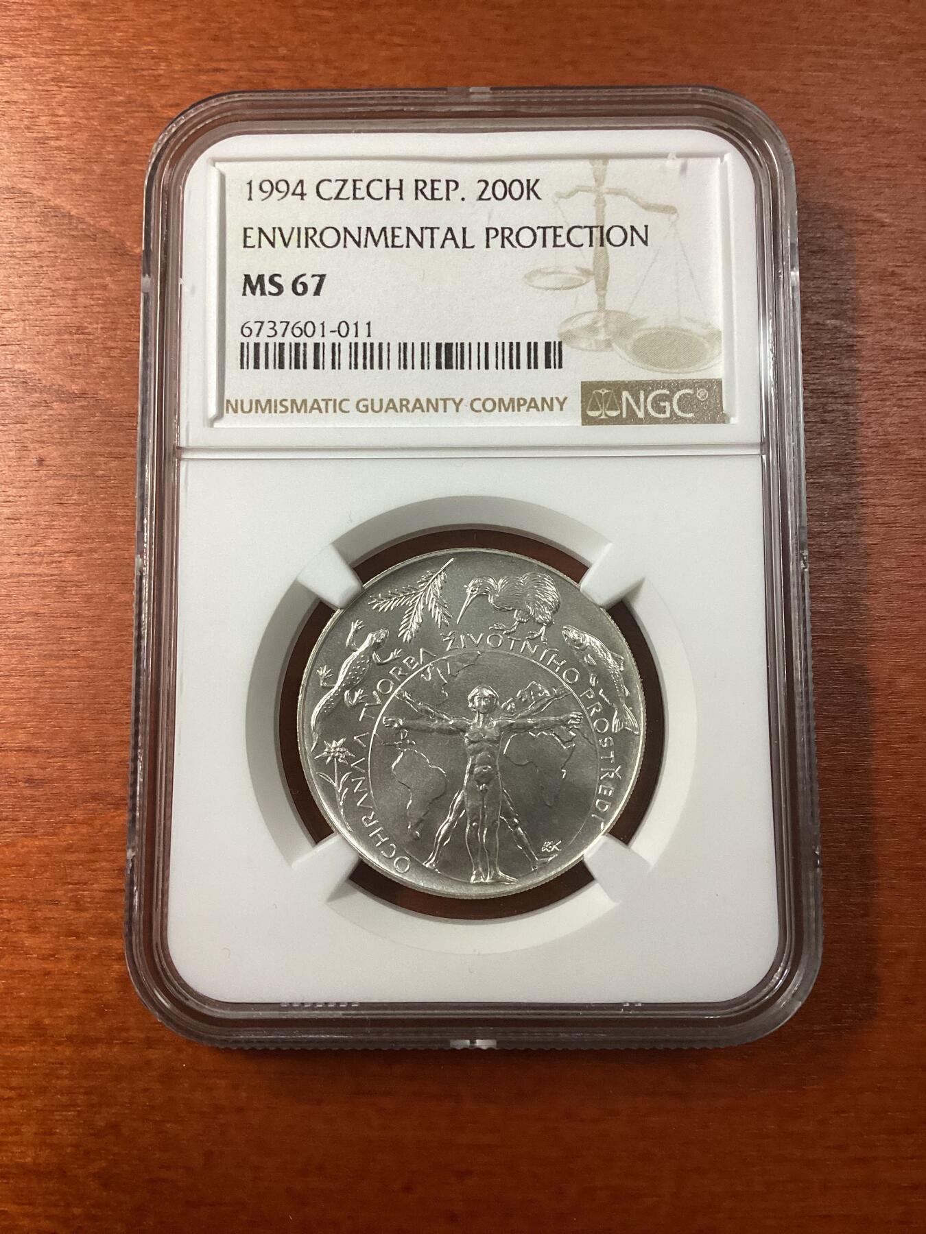 长老汇龙年精选第九场拍卖 1994 捷克环保200克朗银币，NGC MS67，唯一冠军分，4400多枚被熔毁