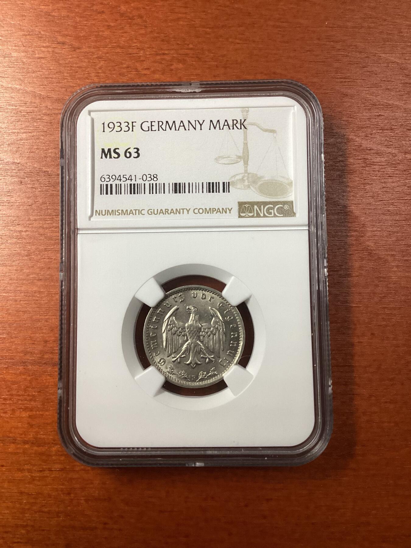 长老汇龙年精选第九场拍卖 1933F 德国第三帝国1马克镍币，NGC MS63，季军分，更高3枚