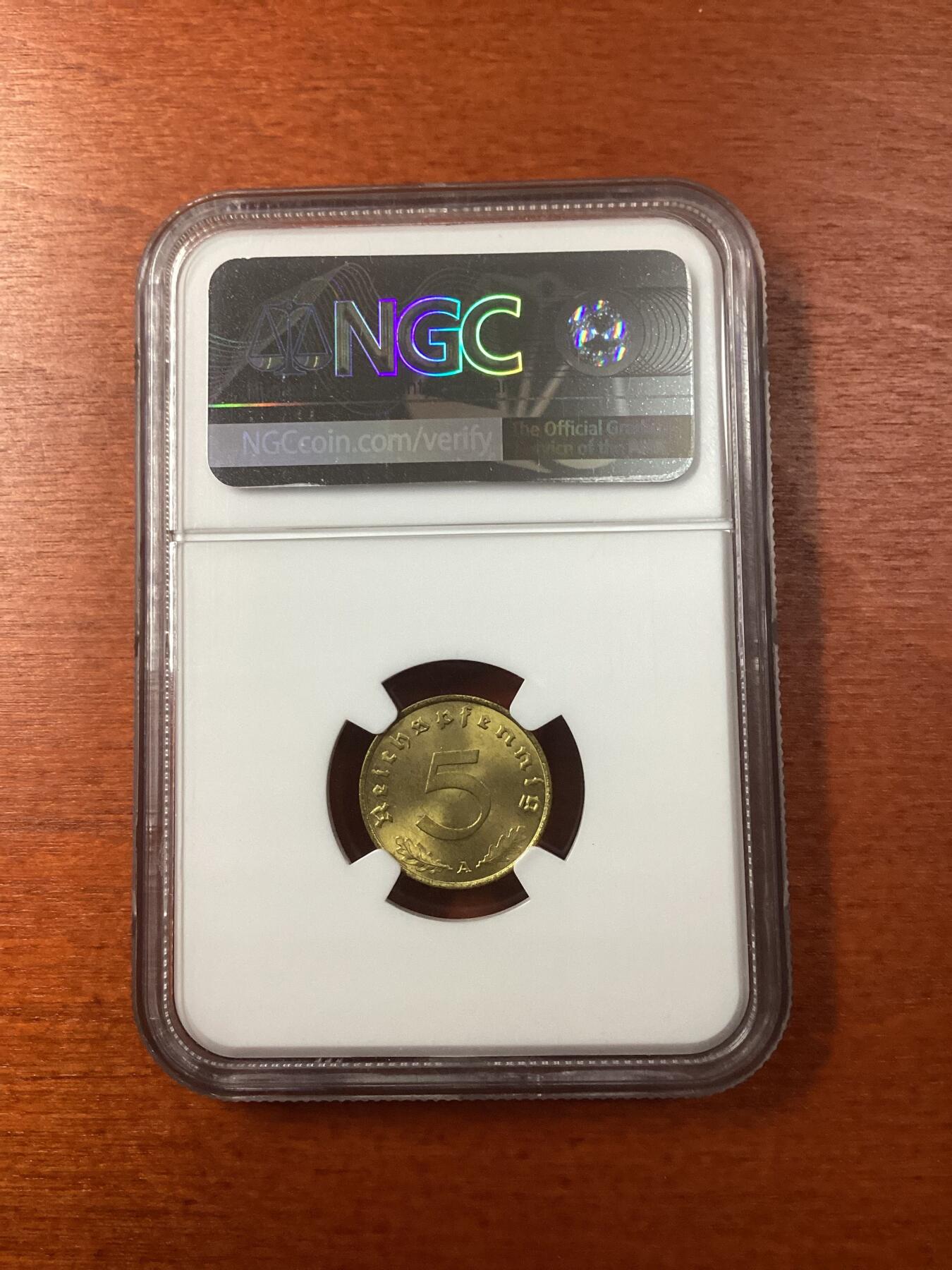 长老汇龙年精选第九场拍卖 1938A 1德国第三帝国5芬尼黄铜币，NGC MS65，亚军分，更高3枚