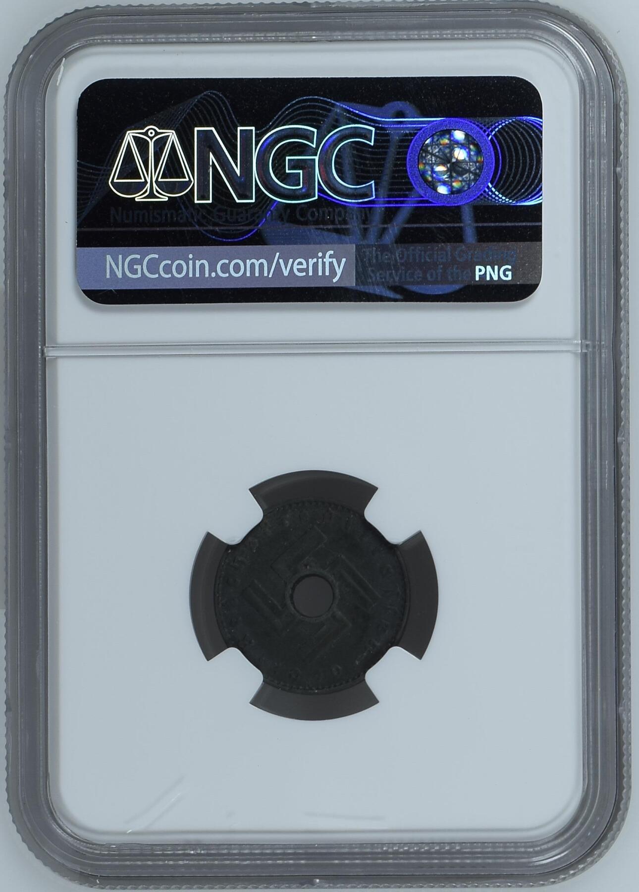 长老汇龙年精选第九场拍卖 1940A德占领土发行的5芬尼中孔锌币，NGC AU55，更高分10枚，NGC原来的标注有错误