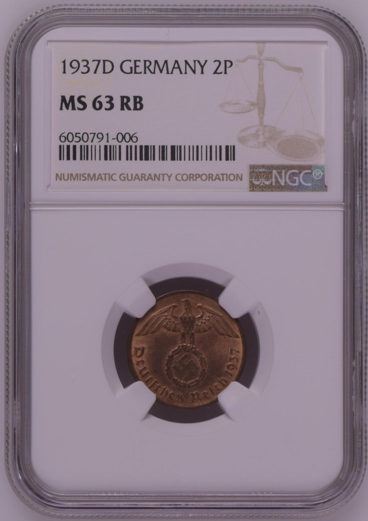 长老汇龙年精选第九场拍卖 1937D 德国第三帝国2芬尼铜币，NGC MS63RB，季军分，更高6枚 