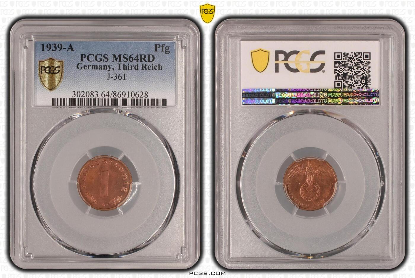 长老汇龙年精选第九场拍卖 1939-A 德国第三帝国1芬尼铜币，PCGS MS64RD