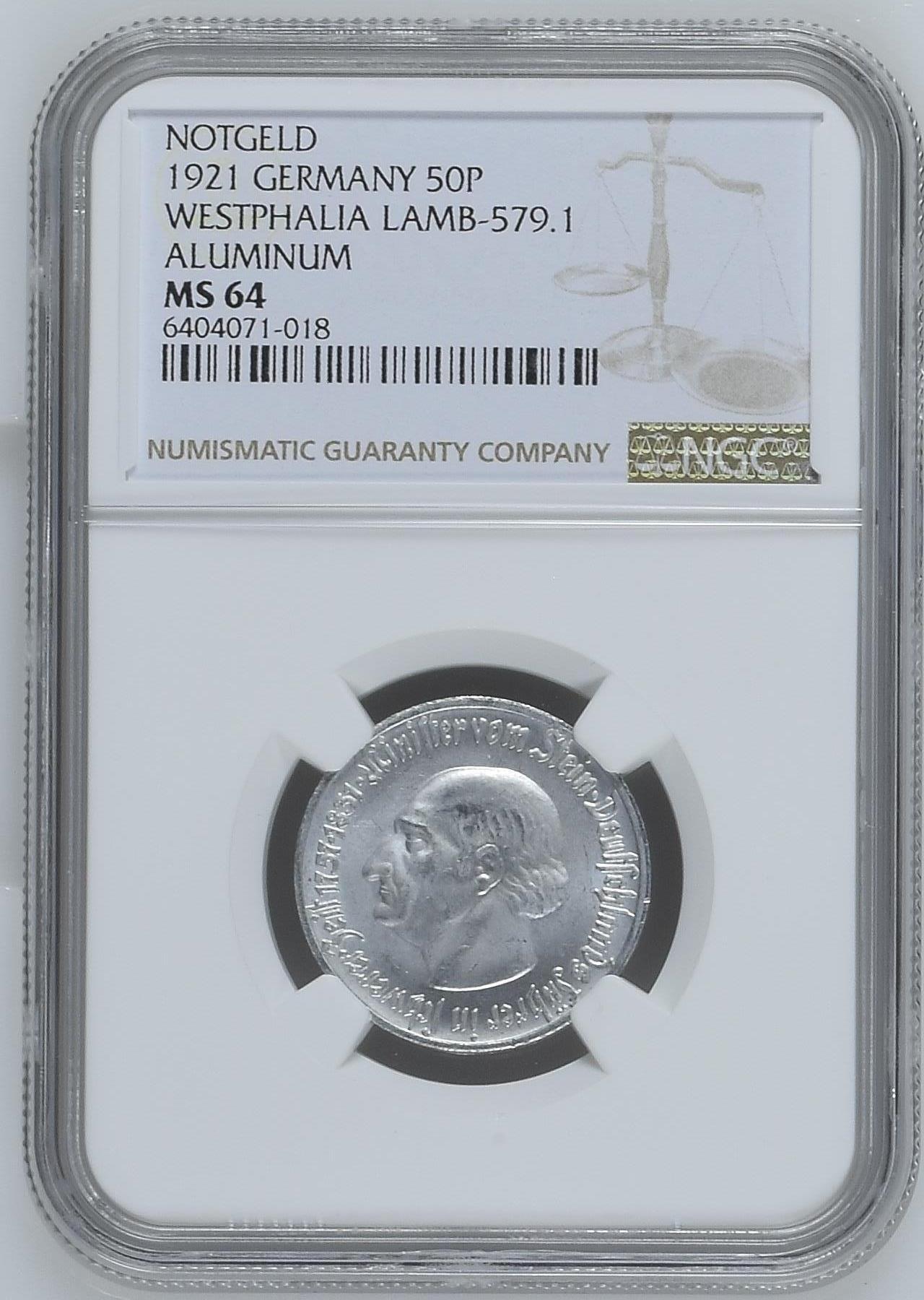长老汇龙年精选第九场拍卖 1921 德国威斯特法兰德紧斯坦伯爵马币50芬尼，NGC MS64，季军分，更高5枚 