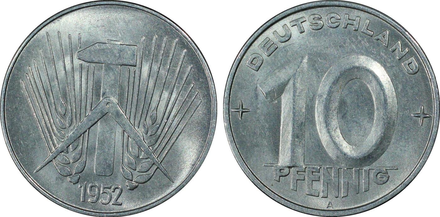 长老汇龙年精选第九场拍卖 1952-A 民主德国（东德）10芬尼，PCGS MS64，唯二冠军分