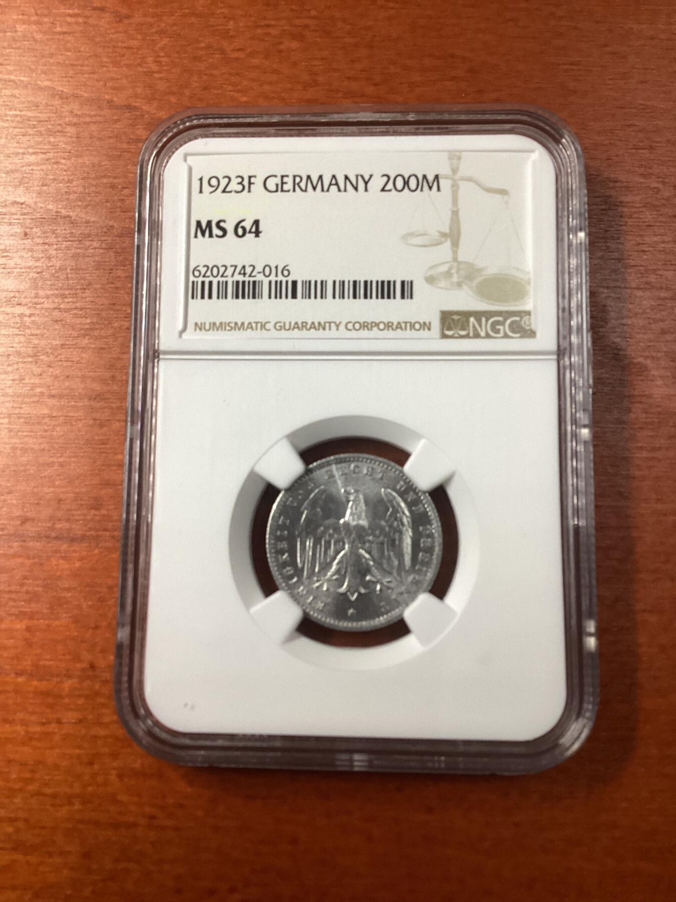 长老汇龙年精选第九场拍卖 1923F 德国魏玛共和国 200马克铝币，NGC MS64，更高13枚