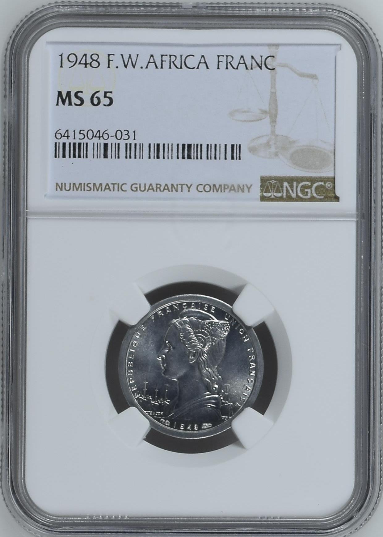 长老汇龙年精选第八场拍卖 1948 法属西非1法郎铝币，NGC MS65，更高1枚