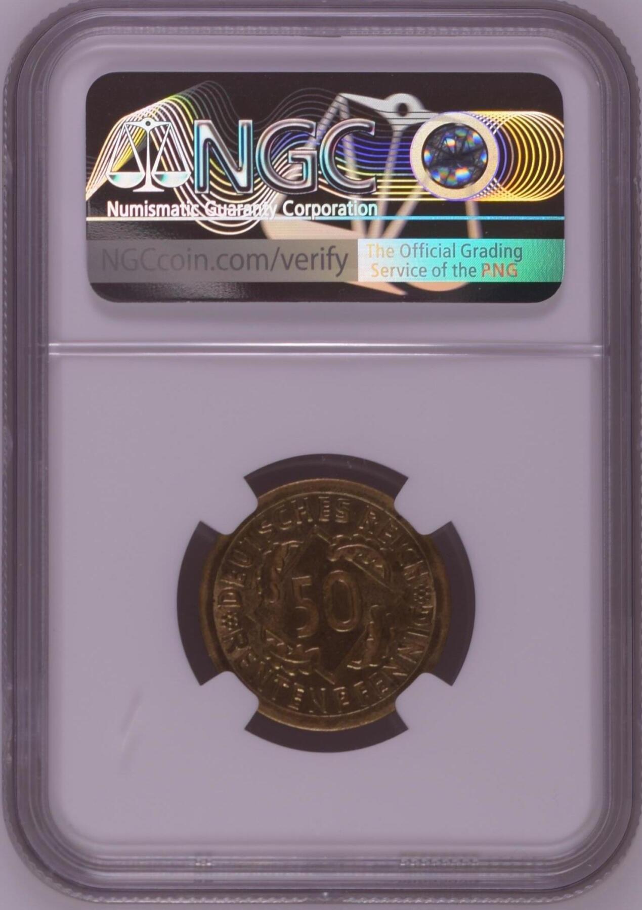 长老汇龙年精选第九场拍卖 1924F 德国魏玛共和国帝国地租50芬尼，NGC MS63，季军分，更高分2枚