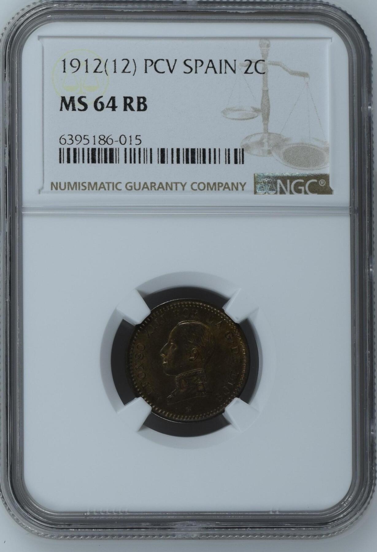 长老汇龙年精选第九场拍卖 1912(12) PCV  西班牙阿方索十三世2分铜币，NGC MS64RB，季军分，更高分8枚