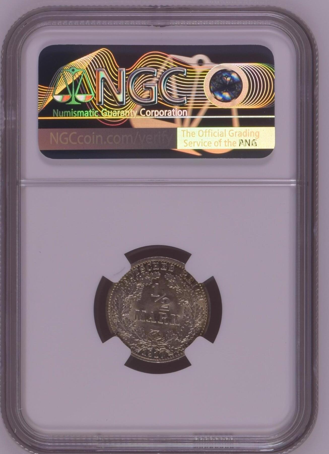 长老汇龙年精选第九场拍卖 1917A 德国第二帝国 1/2马克银币，NGC MS65