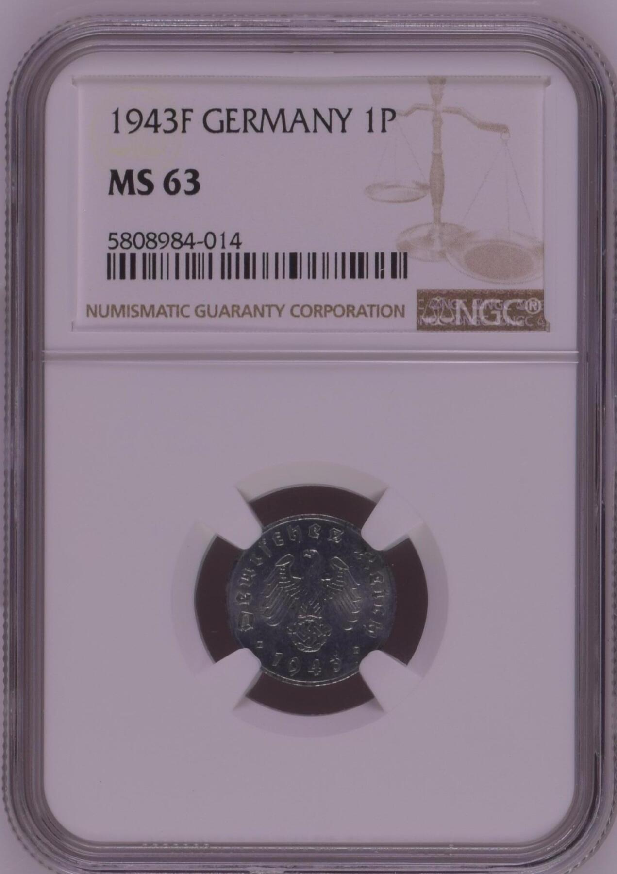 长老汇龙年精选第九场拍卖 1943F 德国第三帝国1芬尼锌币，NGC MS63，季军分，更高10枚