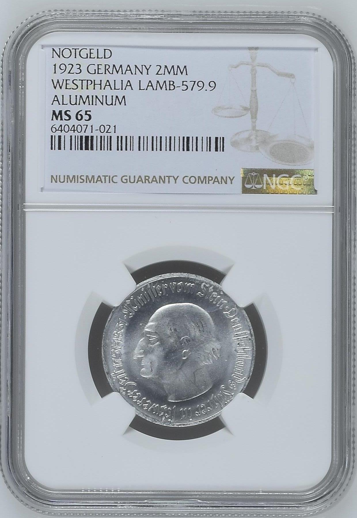 长老汇龙年精选第九场拍卖 1923 德国威斯特法兰德紧斯坦伯爵马币2百万马克3行，NGC MS65，亚军分，更高2枚