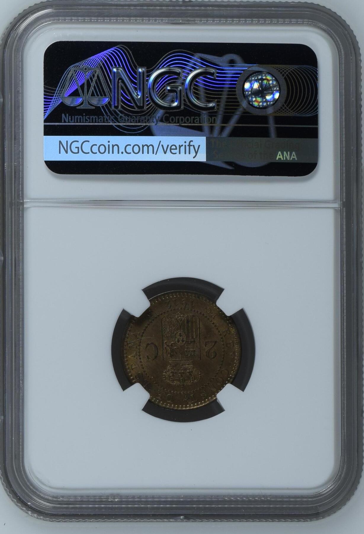 长老汇龙年精选第九场拍卖 1912(12) PCV  西班牙阿方索十三世2分铜币，NGC MS64RB，季军分，更高分8枚