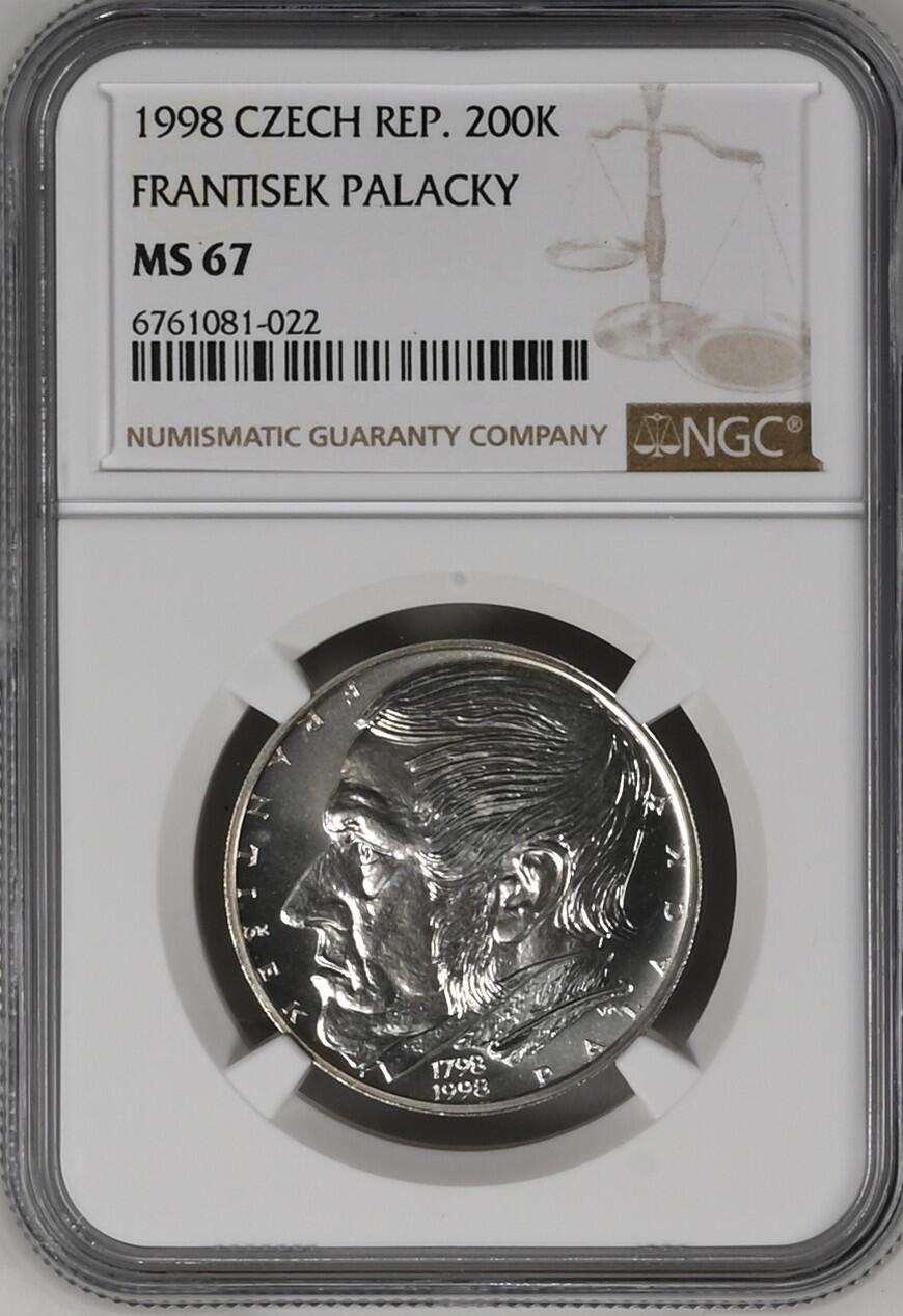 长老汇龙年精选第九场拍卖 1998 捷克 帕拉茨基200克朗银币，NGC MS67，唯一冠军分，3700多枚被熔毁