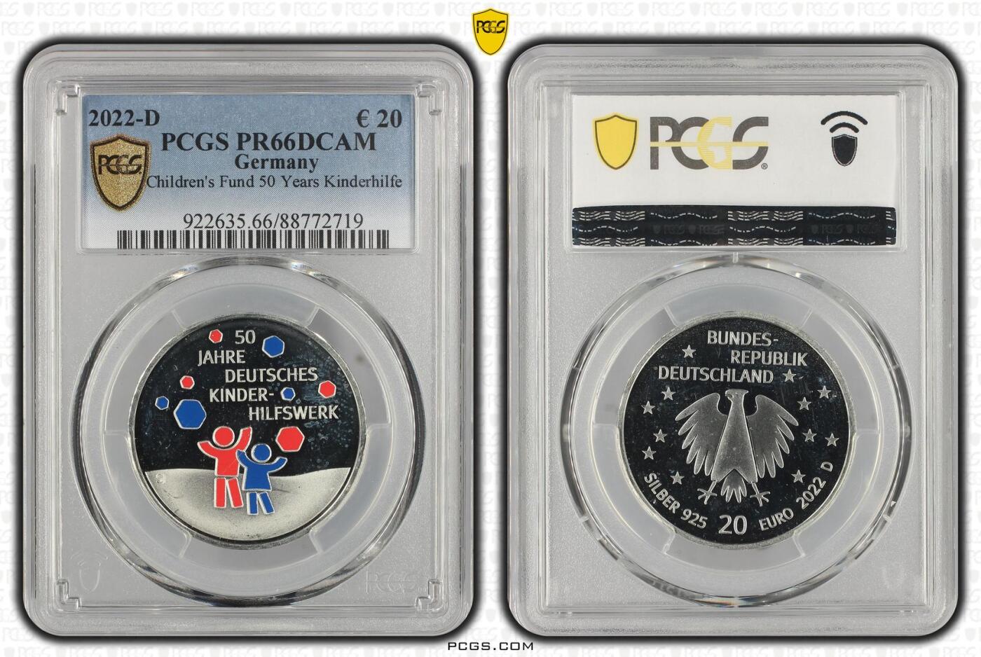 长老汇龙年精选第九场拍卖 2022-D 儿童基金会成立50周年20欧元彩色精制银币，PCGS PR66DCAM，唯一冠军分